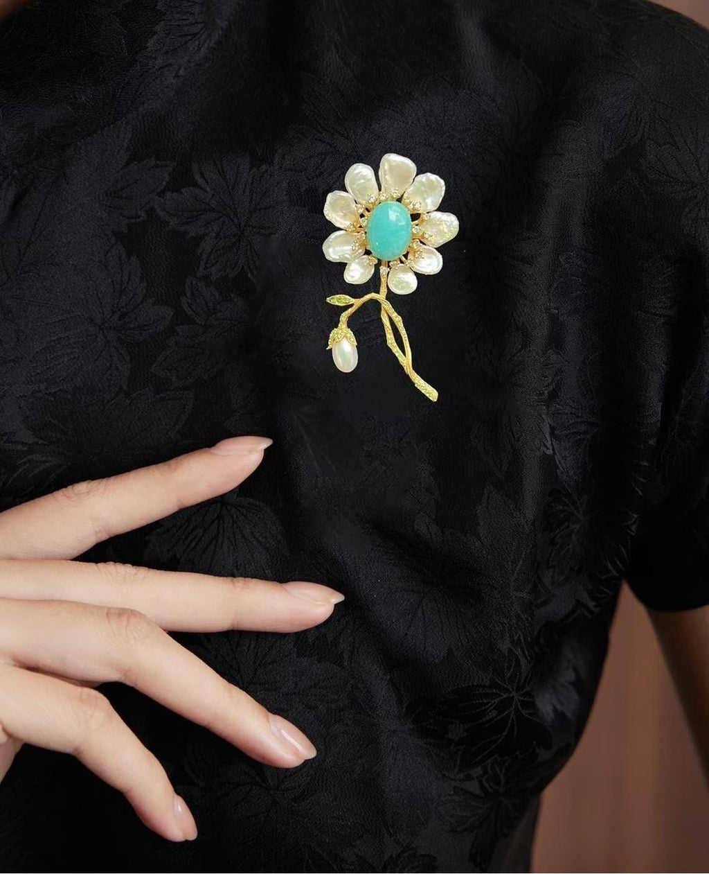 Morado Amber Mother of Pearl Flower Brooch, Gold Plated Silver, Multi-Wear Pin