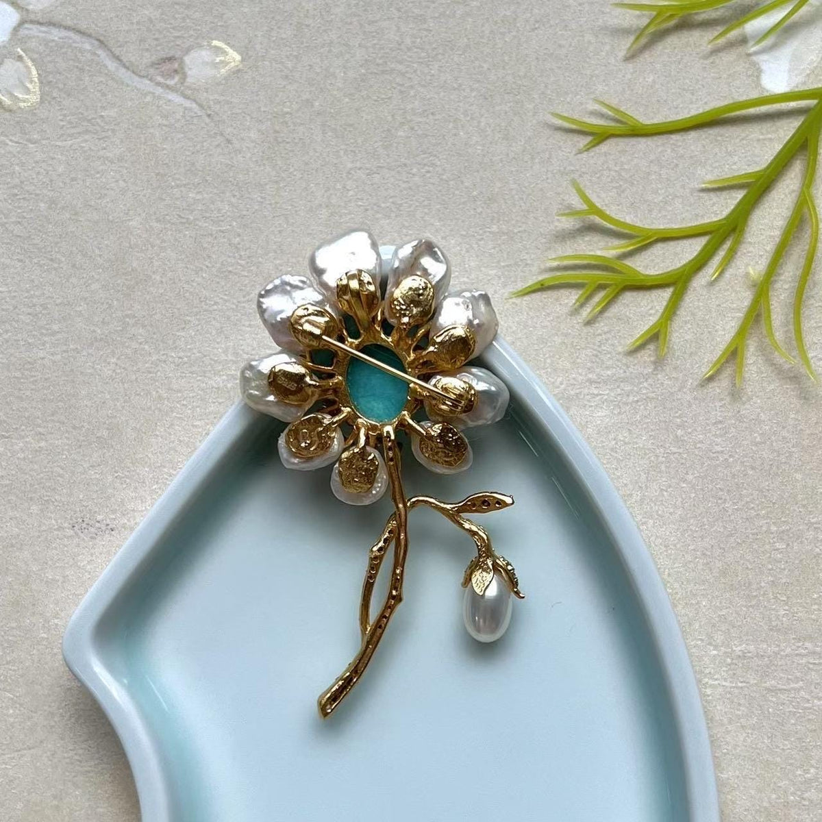 Morado Amber Mother of Pearl Flower Brooch, Gold Plated Silver, Multi-Wear Pin