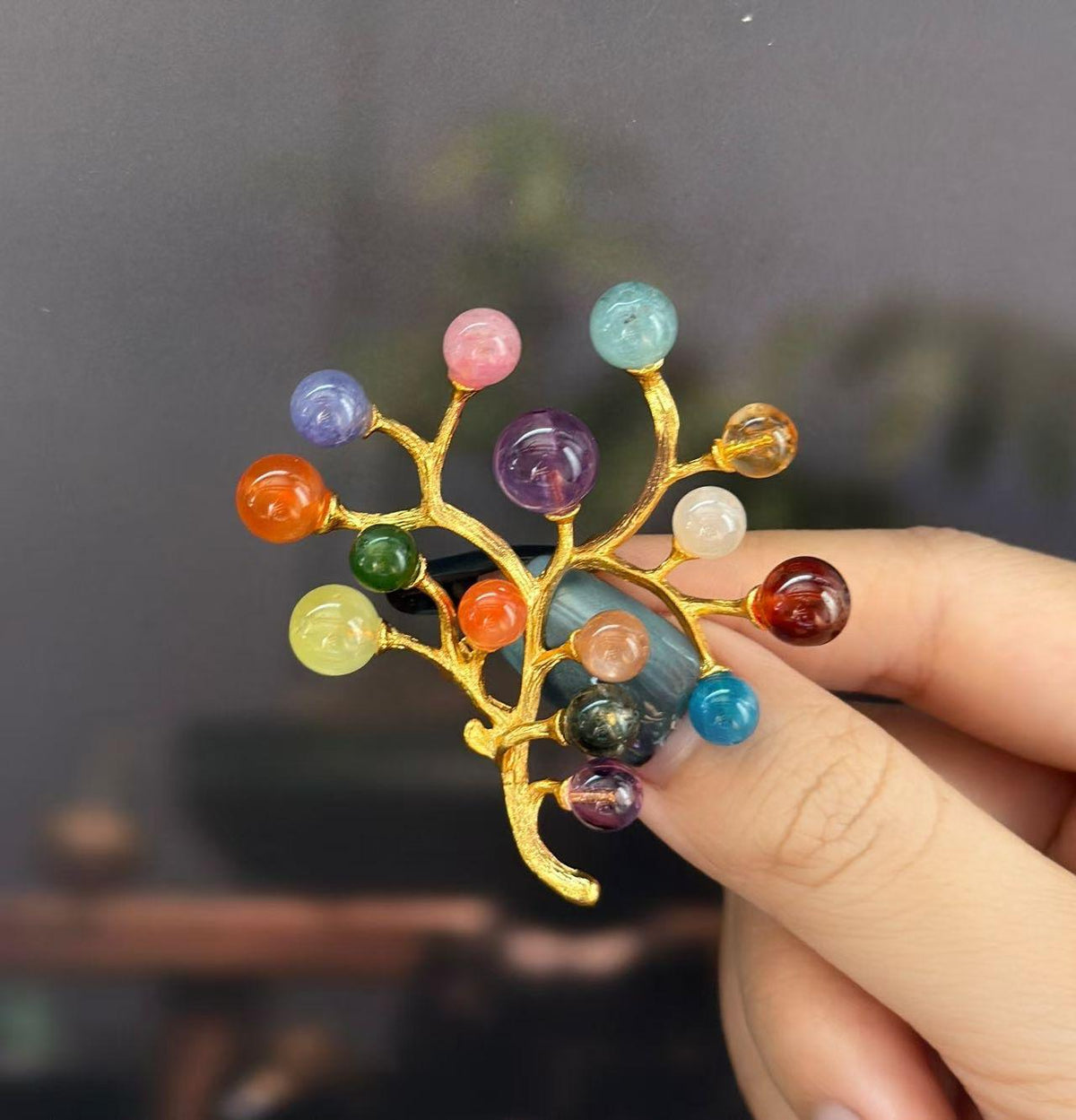 Morado Handmade Multi-Gemstone Wishing Tree Brooch | Gold-Plated Copper Artistic Pin | Colorful Natural Crystal Jewelry
