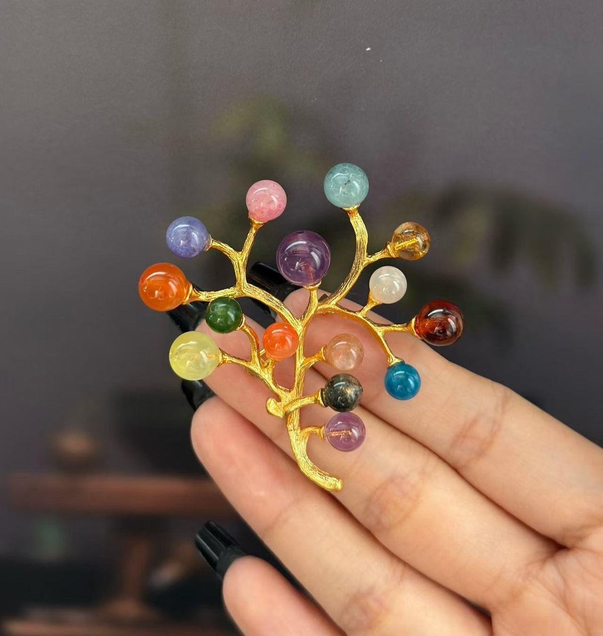 Morado Handmade Multi-Gemstone Wishing Tree Brooch | Gold-Plated Copper Artistic Pin | Colorful Natural Crystal Jewelry