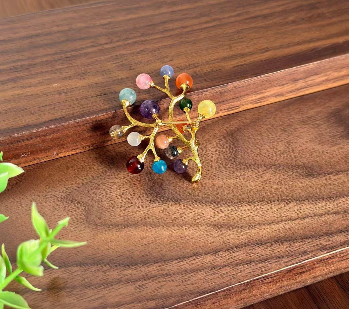 Morado Handmade Multi-Gemstone Wishing Tree Brooch | Gold-Plated Copper Artistic Pin | Colorful Natural Crystal Jewelry