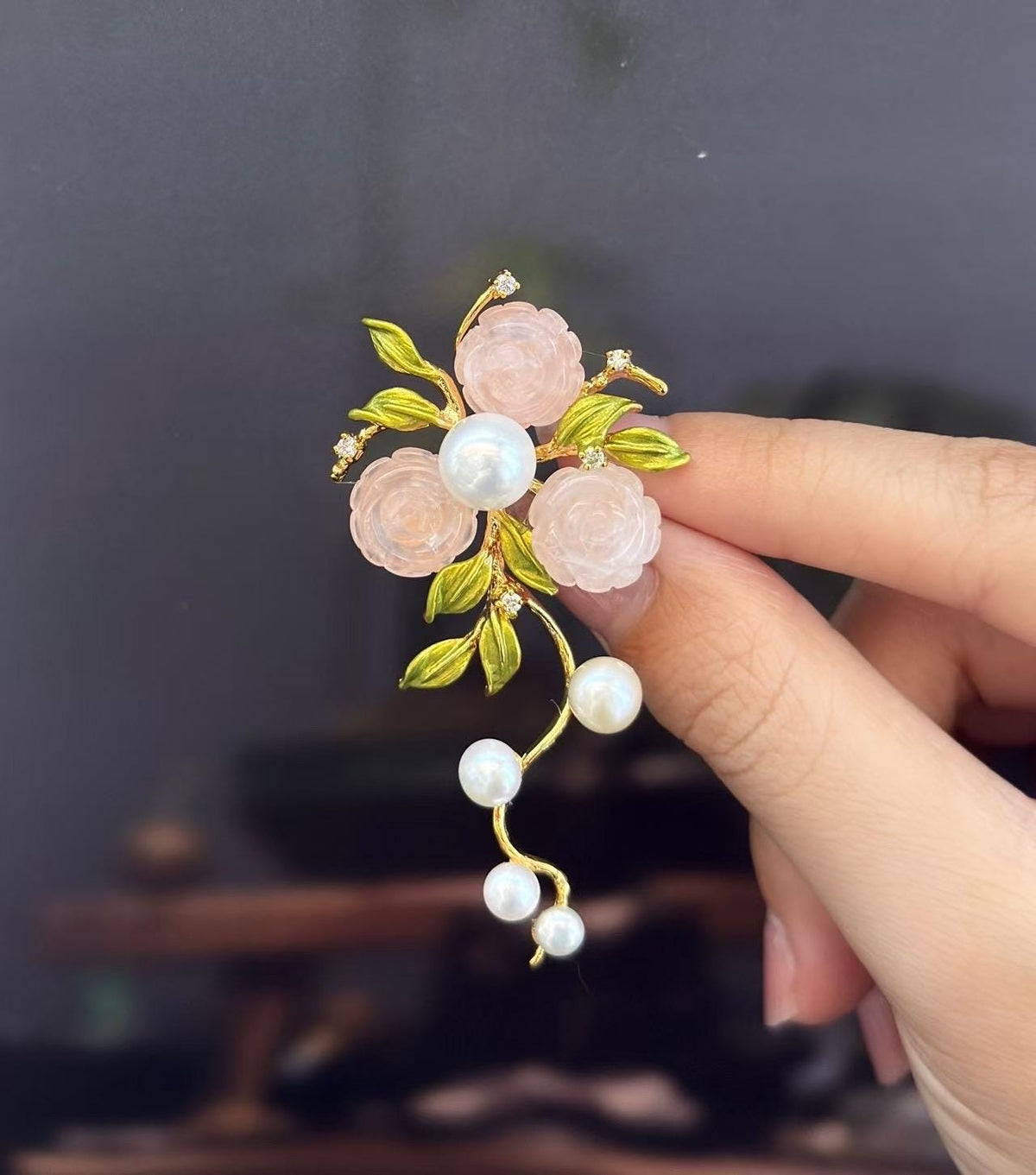 Morado Hand-Carved Rose Quartz & Pearl Floral Brooch, Gold-Plated Copper Pin, Multi-Wear Pin