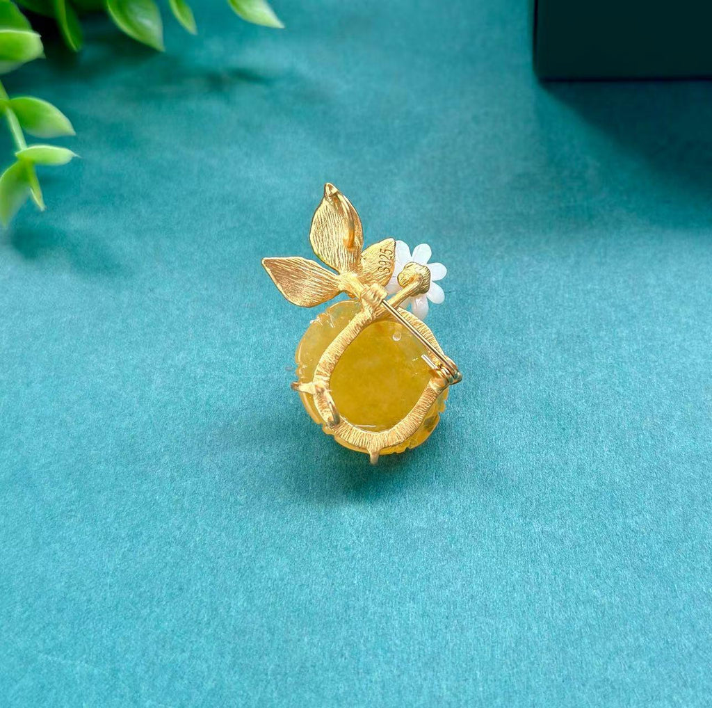Morado Hand-Carved Honey Amber Peony Brooch, Gold-Plated Sterling Silver Floral Pin, Multi-Wear Pin