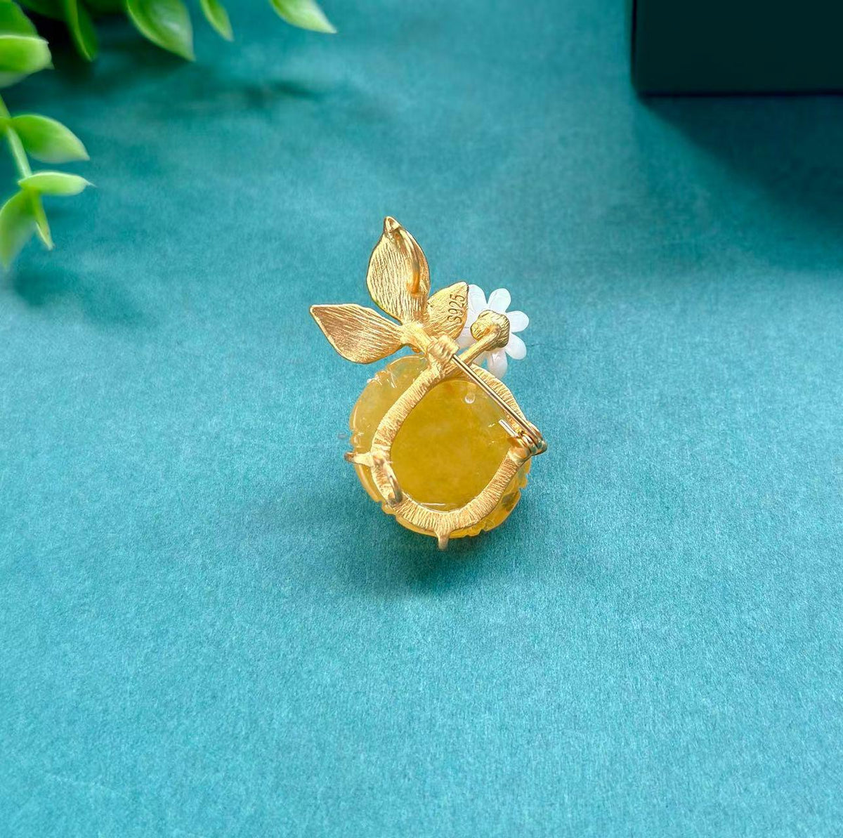 Morado Hand-Carved Honey Amber Peony Brooch, Gold-Plated Sterling Silver Floral Pin, Multi-Wear Pin