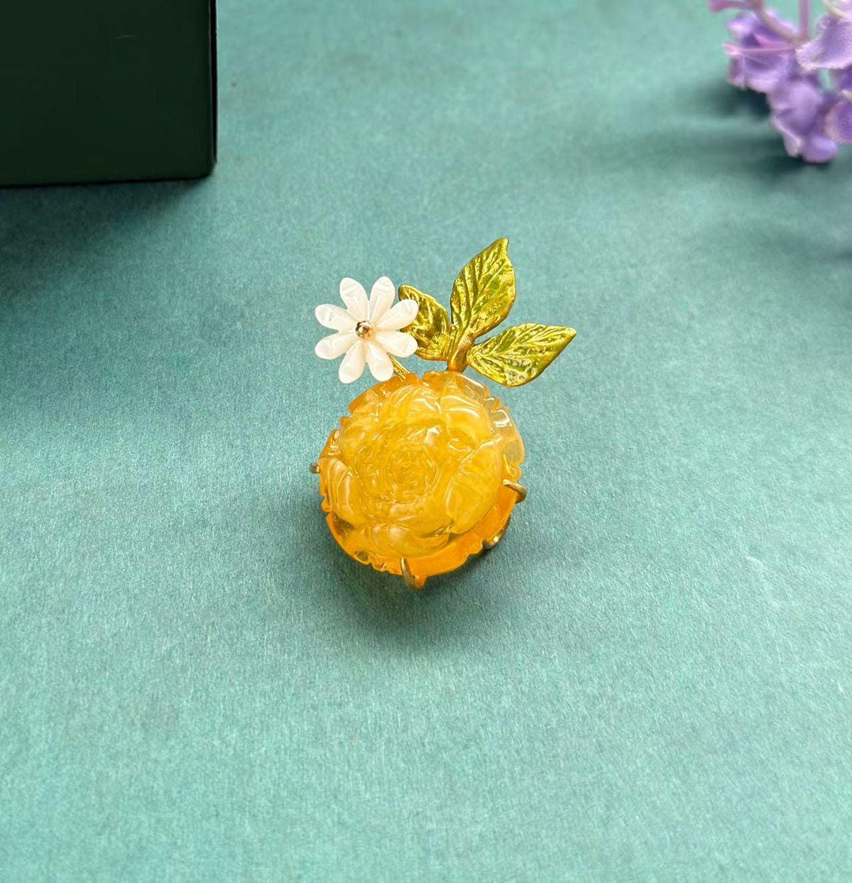 Morado Hand-Carved Honey Amber Peony Brooch, Gold-Plated Sterling Silver Floral Pin, Multi-Wear Pin