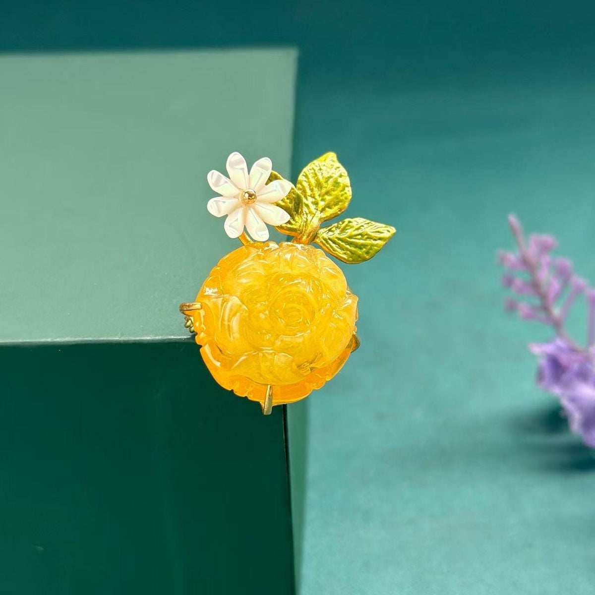 Morado Hand-Carved Honey Amber Peony Brooch, Gold-Plated Sterling Silver Floral Pin, Multi-Wear Pin
