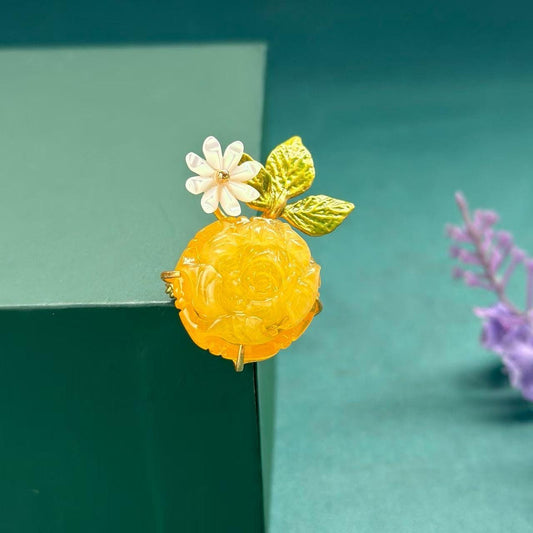 Morado Hand-Carved Honey Amber Peony Brooch, Gold-Plated Sterling Silver Floral Pin, Multi-Wear Pin