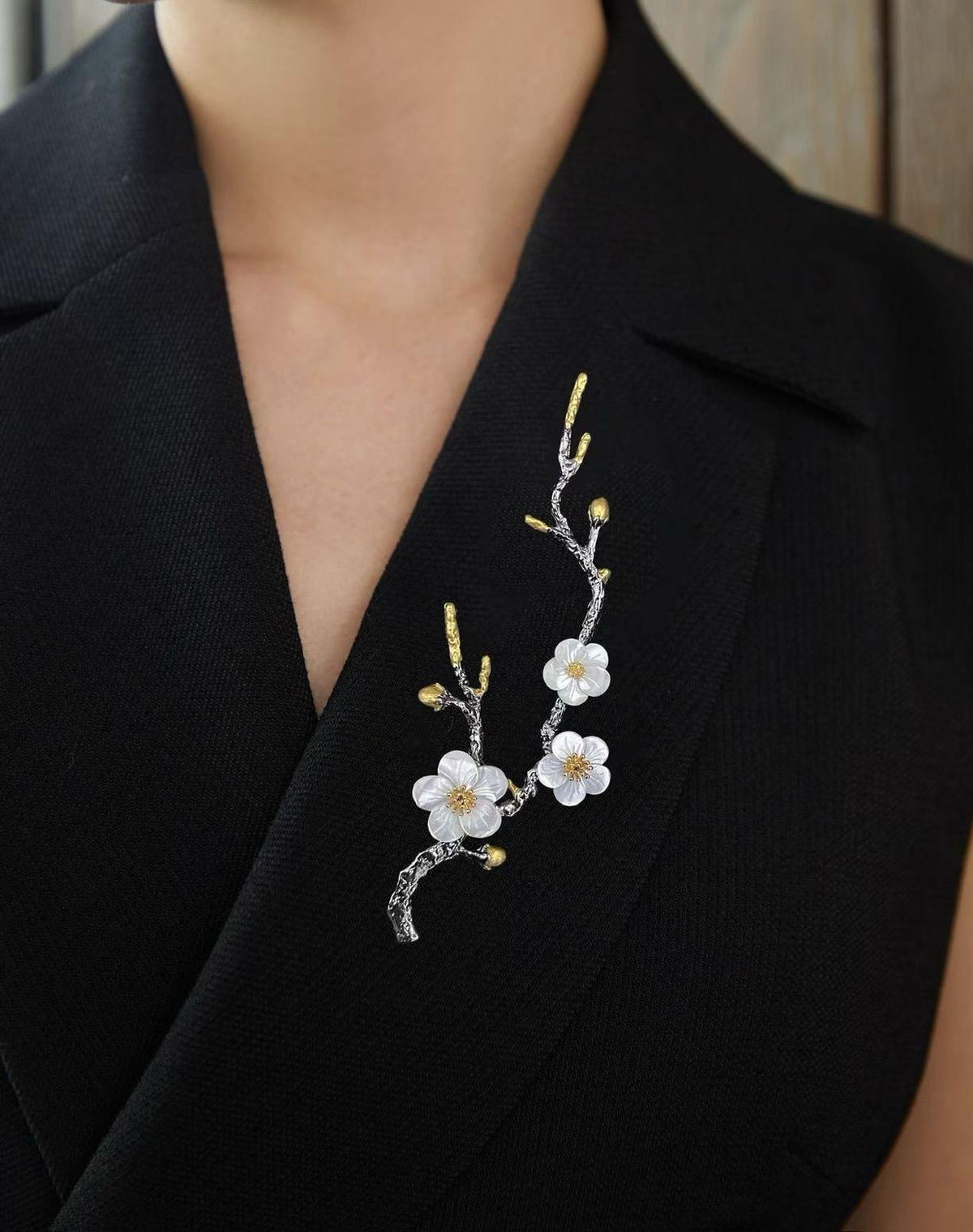 Morado Black Gold Branch Brooch • Gilt Copper, Mother of Pearl Flower