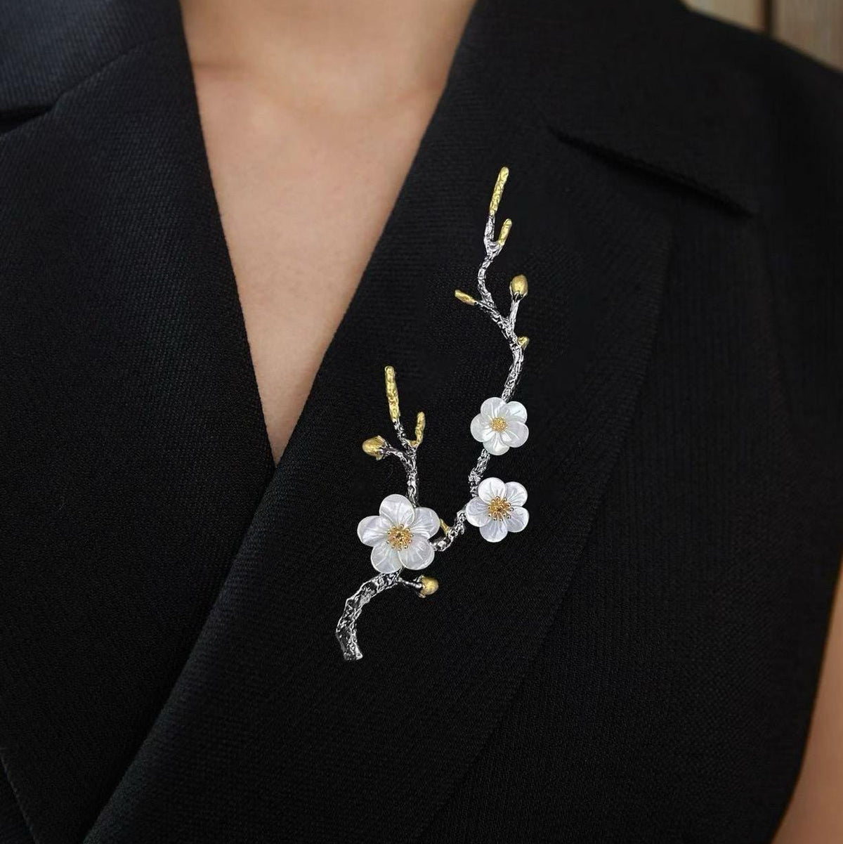 Morado Plum Blossom Branch Brooch, Black Gold Plated Copper with Mother of Pearl Flowers
