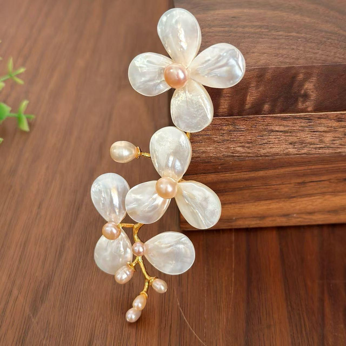 Morado copper-gilt vanilla flower brooch, inlaid with mother-of-pearl and pearls • Multi-wear design