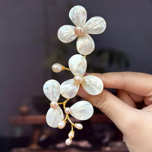 Morado copper-gilt vanilla flower brooch, inlaid with mother-of-pearl and pearls • Multi-wear design