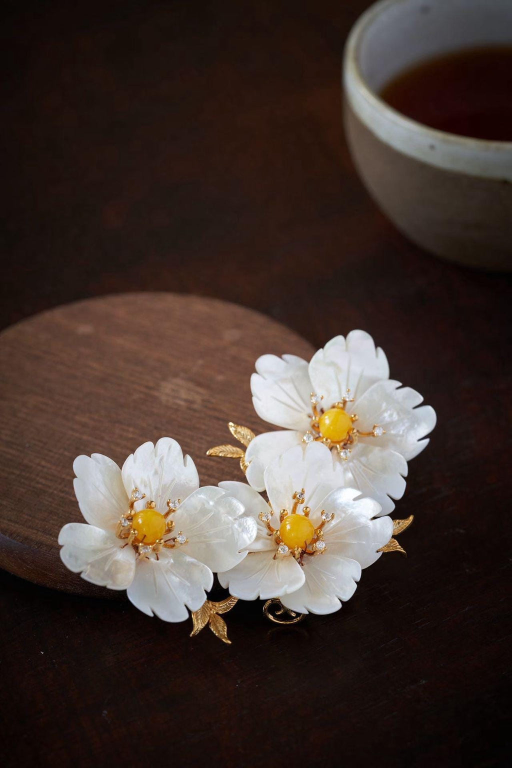 Morado Mother of Pearl Flower Brooch, Gold Plated Copper Plum Blossom Pin