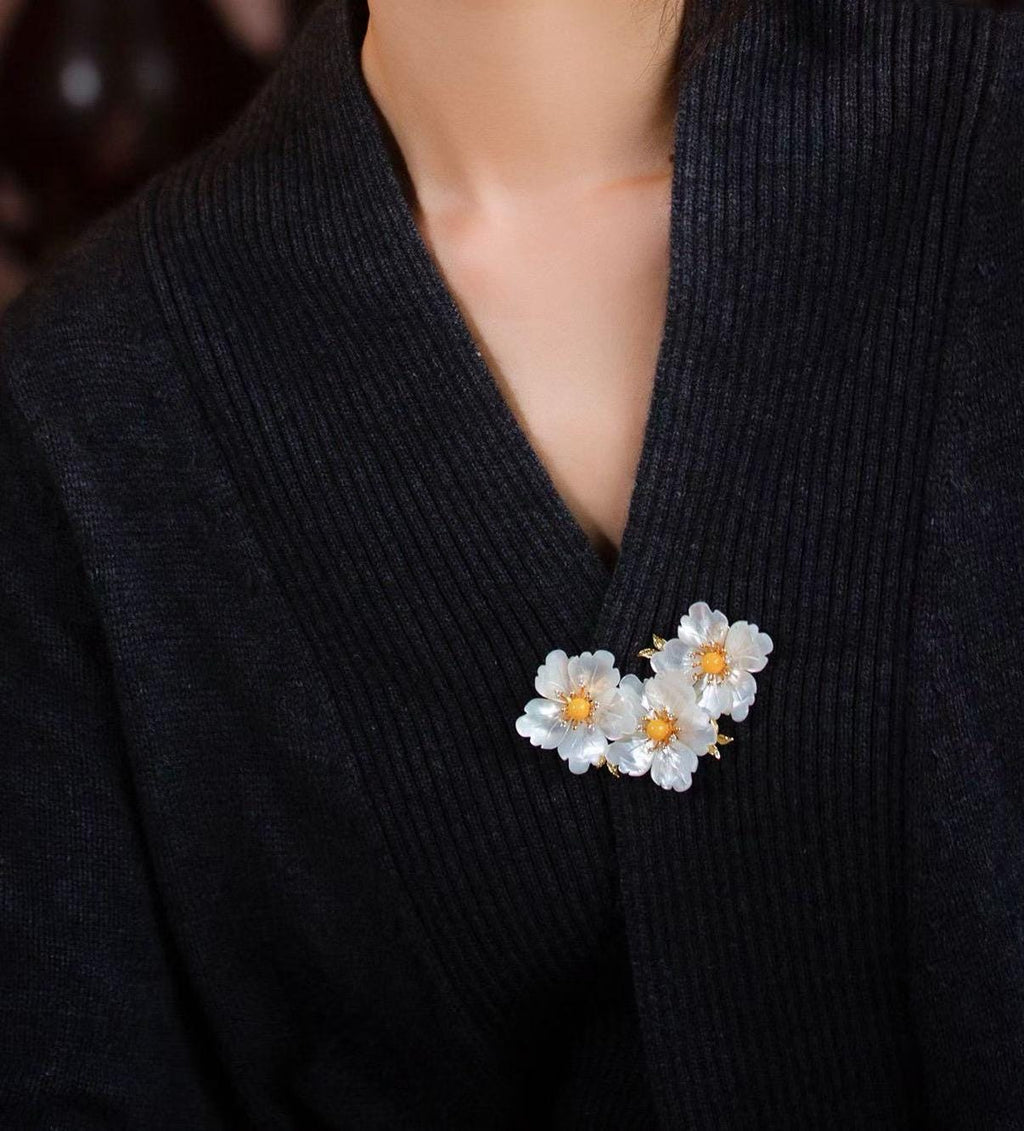 Morado Mother of Pearl Flower Brooch, Gold Plated Copper Plum Blossom Pin