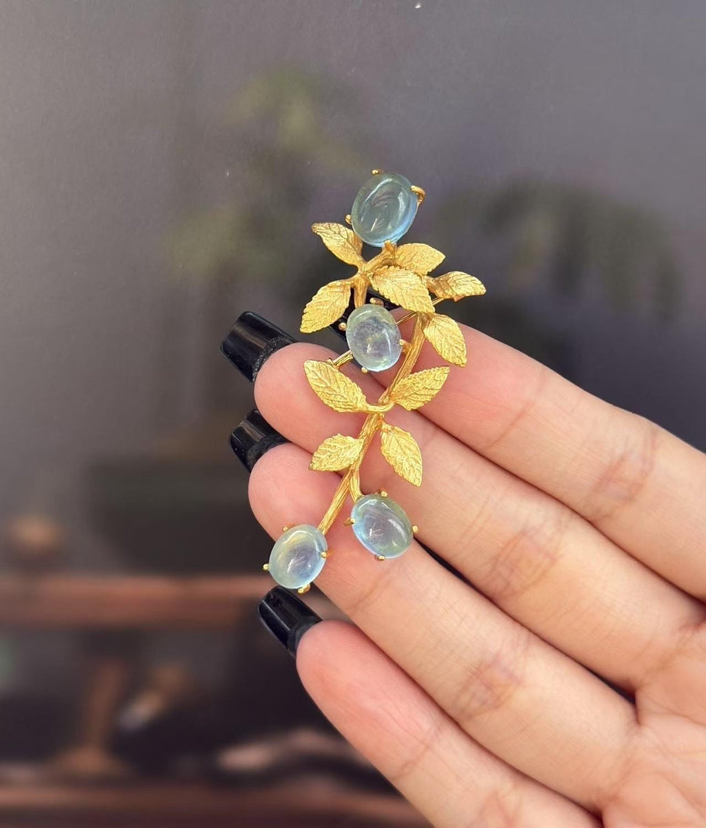 Morado Aquamarine Brooch • 925 Silver Gold-Plated Botanical Pin • Handmade Natural Gemstone Pin • Multi-wear design