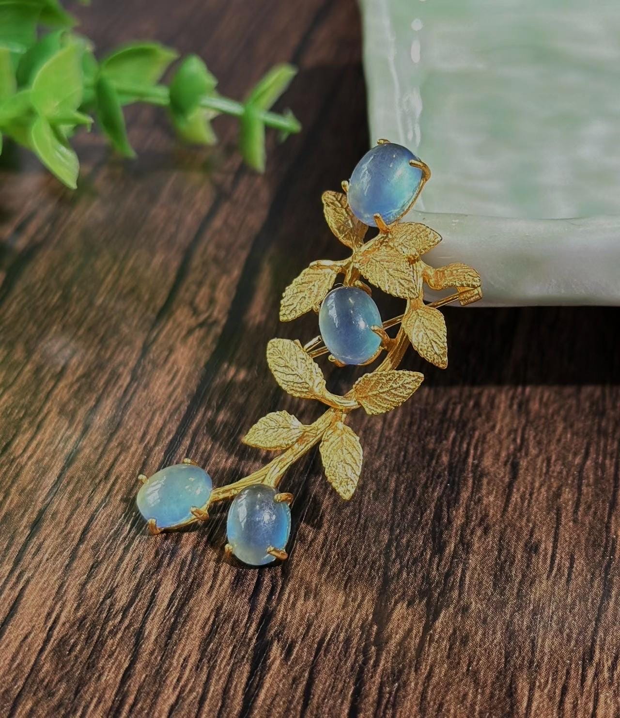 Morado Aquamarine Brooch • 925 Silver Gold-Plated Botanical Pin • Handmade Natural Gemstone Pin • Multi-wear design