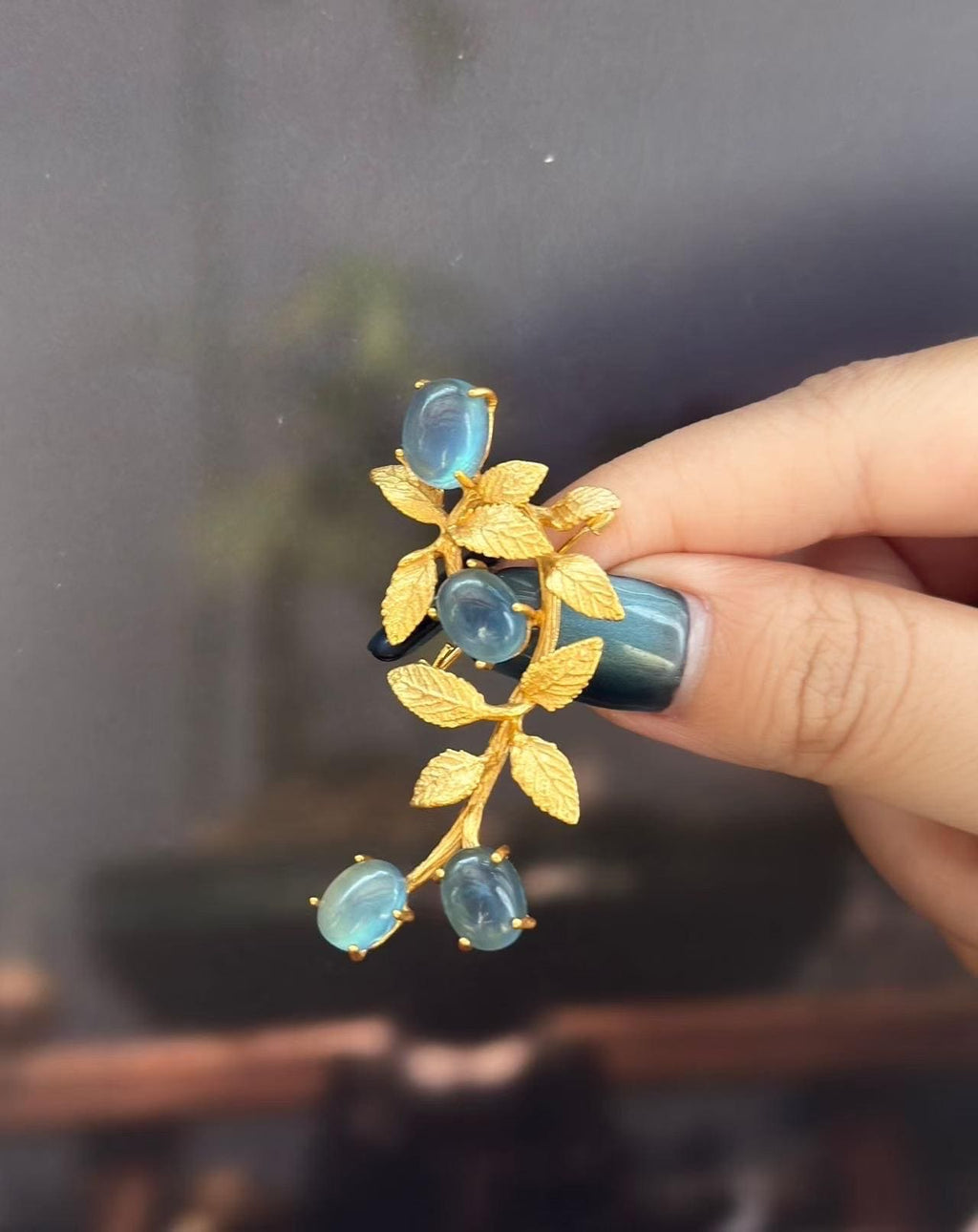 Morado Aquamarine Brooch • 925 Silver Gold-Plated Botanical Pin • Handmade Natural Gemstone Pin • Multi-wear design