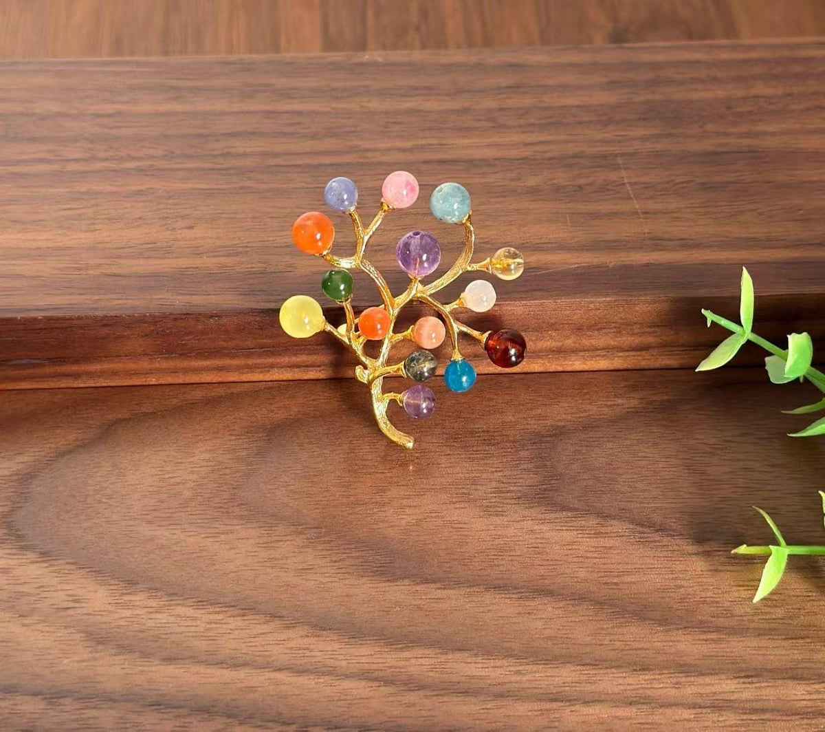 Morado Handmade Multi-Gemstone Wishing Tree Brooch | Gold-Plated Copper Artistic Pin | Colorful Natural Crystal Jewelry