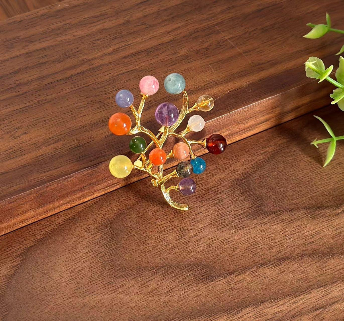 Morado Handmade Multi-Gemstone Wishing Tree Brooch | Gold-Plated Copper Artistic Pin | Colorful Natural Crystal Jewelry