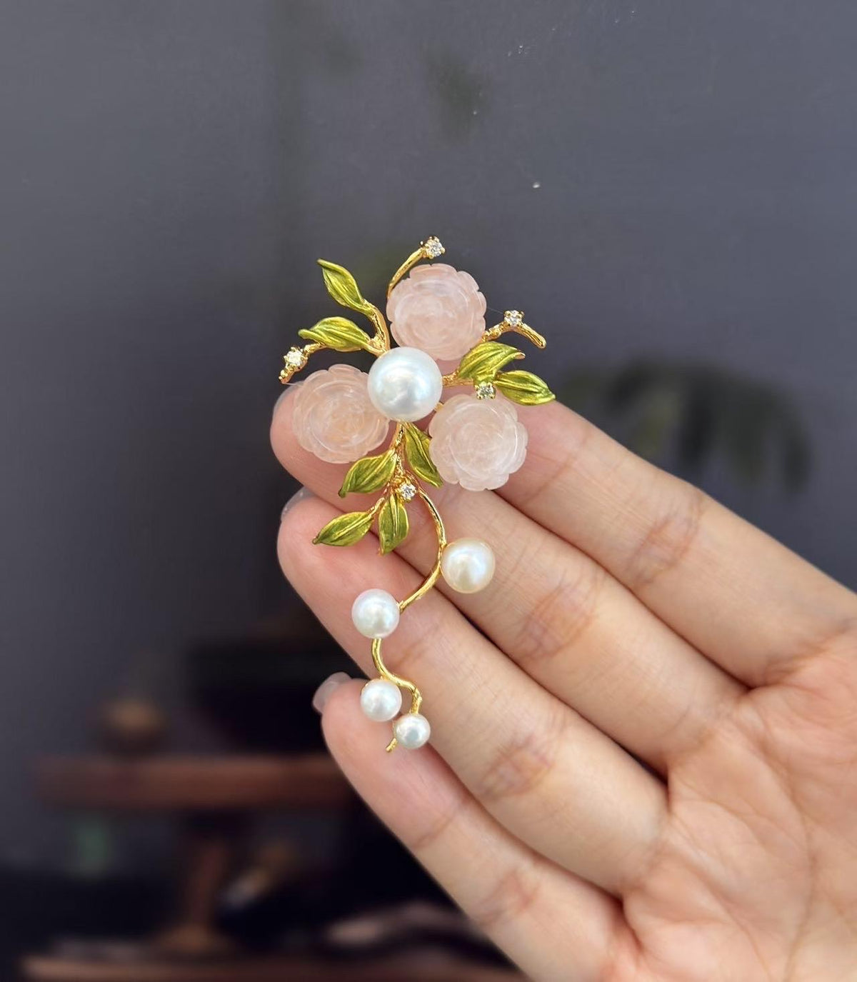 Morado Hand-Carved Rose Quartz & Pearl Floral Brooch, Gold-Plated Copper Pin, Multi-Wear Pin