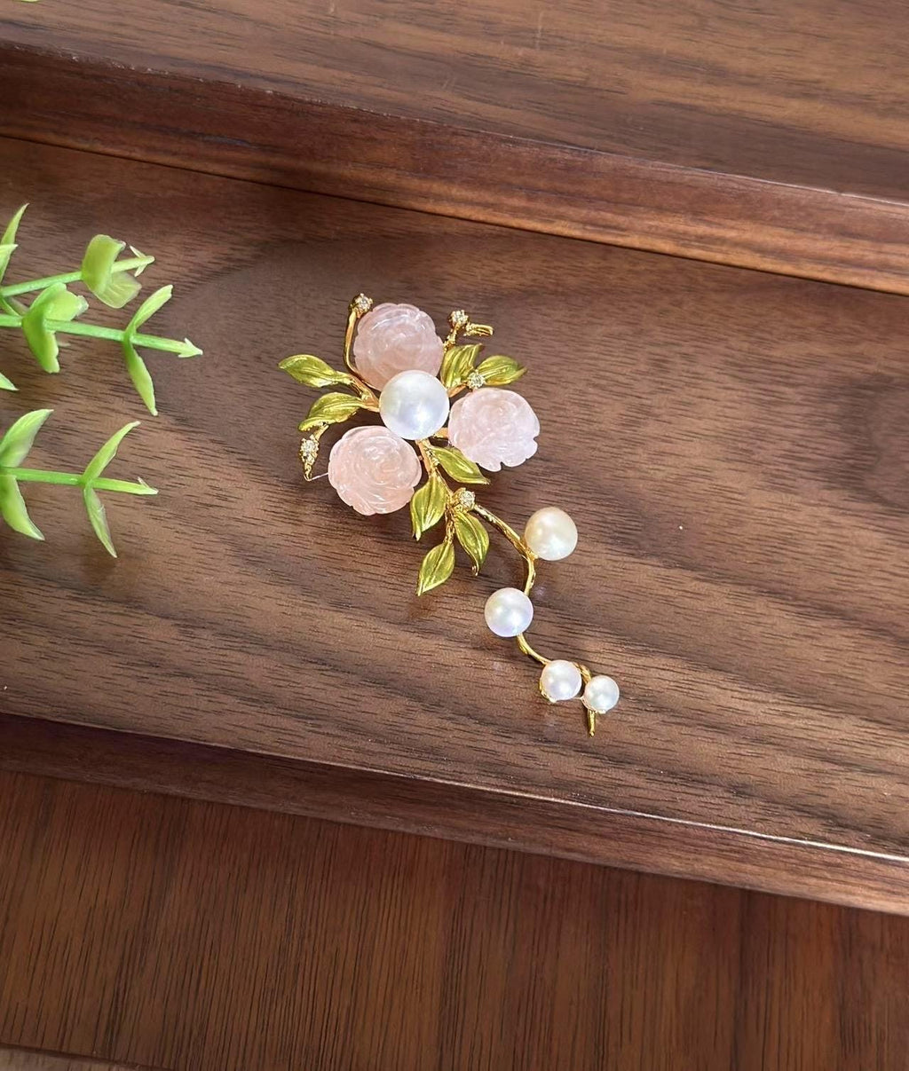 Morado Hand-Carved Rose Quartz & Pearl Floral Brooch, Gold-Plated Copper Pin, Multi-Wear Pin