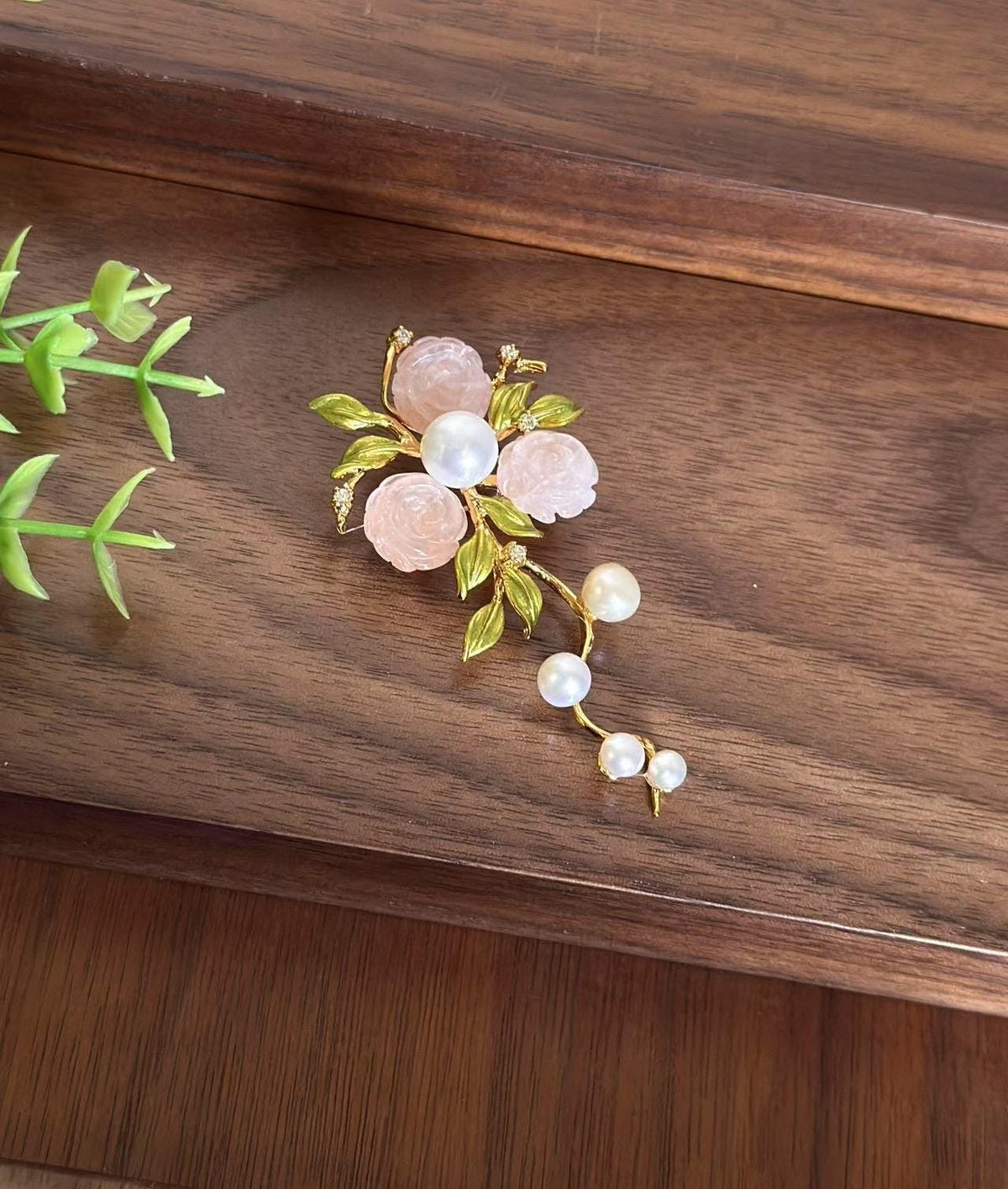 Morado Hand-Carved Rose Quartz & Pearl Floral Brooch, Gold-Plated Copper Pin, Multi-Wear Pin
