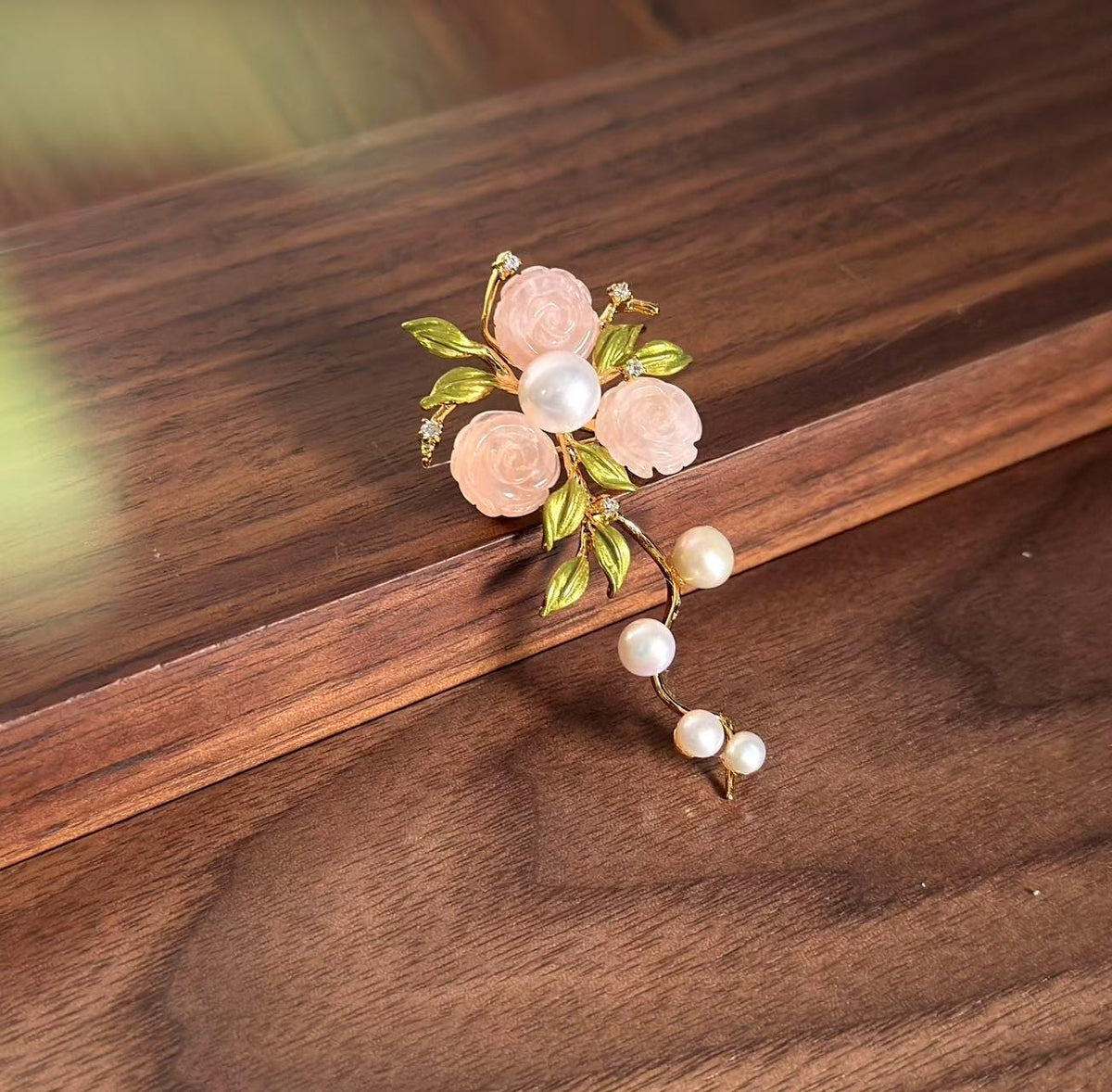 Morado Hand-Carved Rose Quartz & Pearl Floral Brooch, Gold-Plated Copper Pin, Multi-Wear Pin