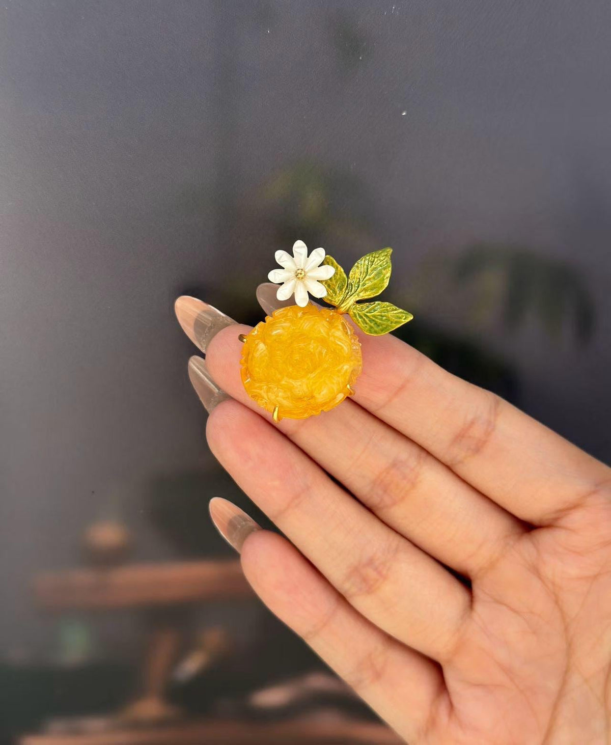 Morado Hand-Carved Honey Amber Peony Brooch, Gold-Plated Sterling Silver Floral Pin, Multi-Wear Pin