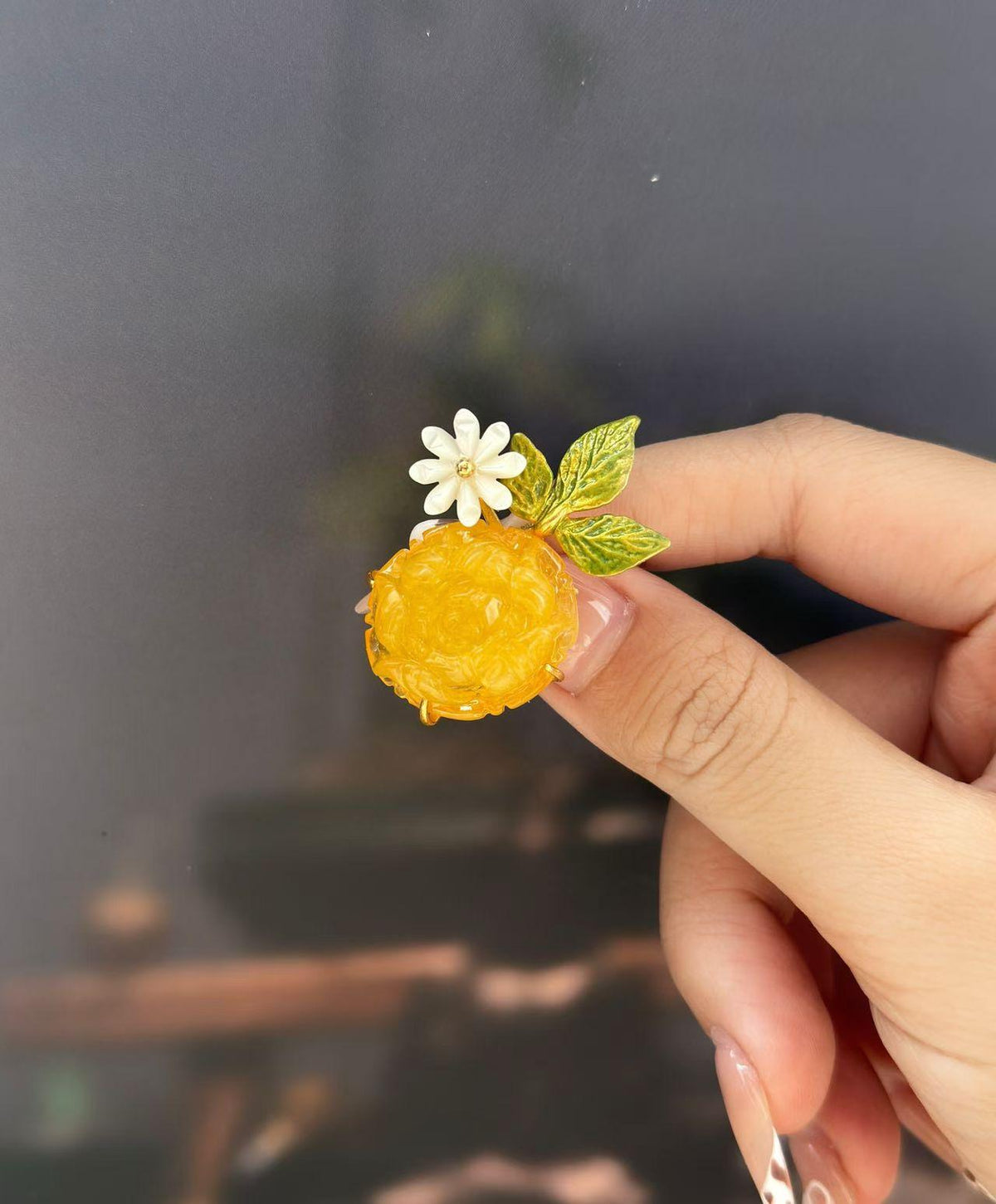 Morado Hand-Carved Honey Amber Peony Brooch, Gold-Plated Sterling Silver Floral Pin, Multi-Wear Pin