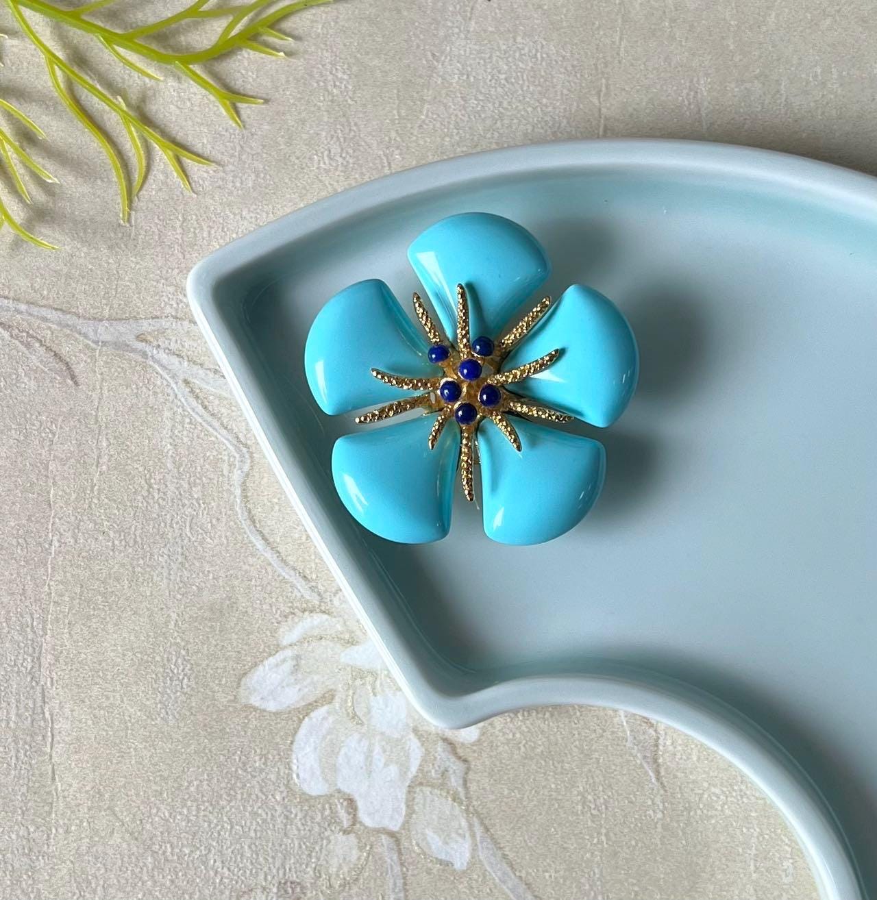 Morado Gold Plated Copper Turquoise Flower Brooch, Statement Blue Floral Pin