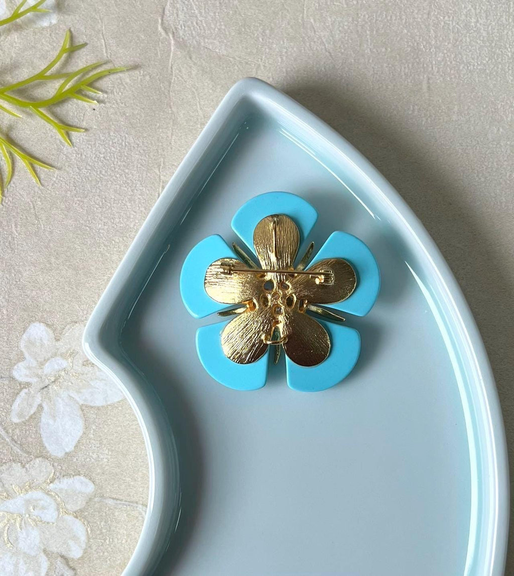Morado Gold Plated Copper Turquoise Flower Brooch, Statement Blue Floral Pin