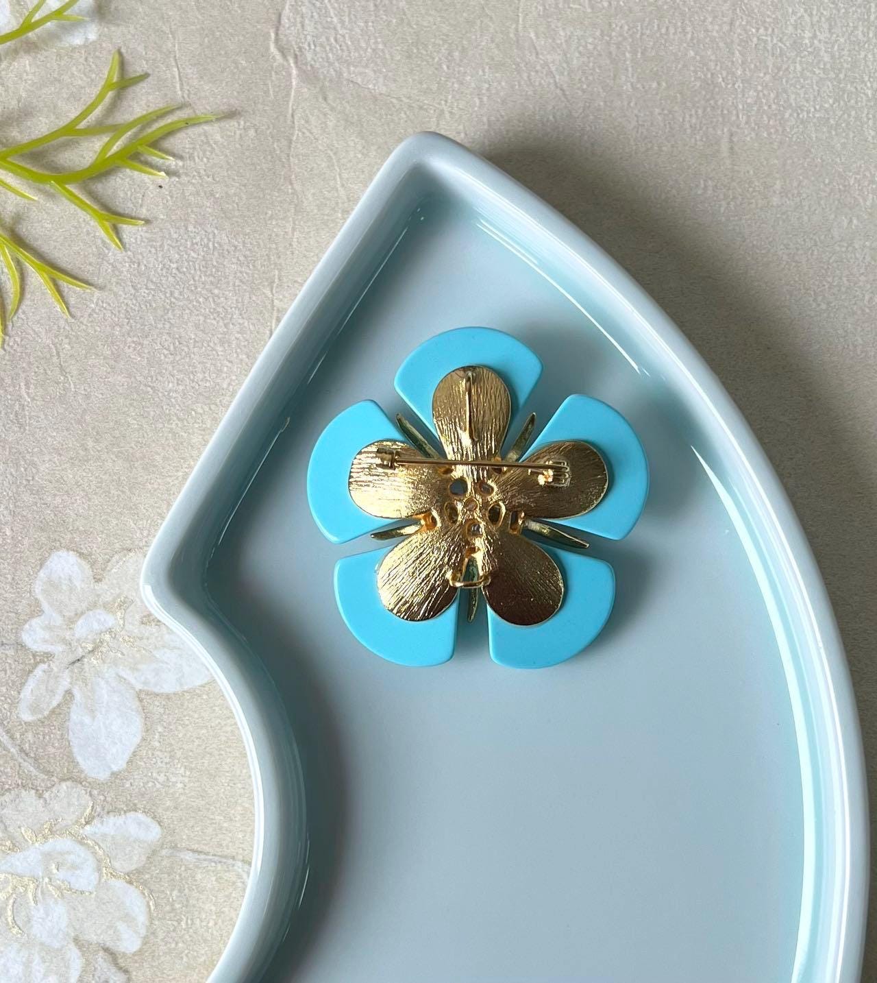 Morado Gold Plated Copper Turquoise Flower Brooch, Statement Blue Floral Pin