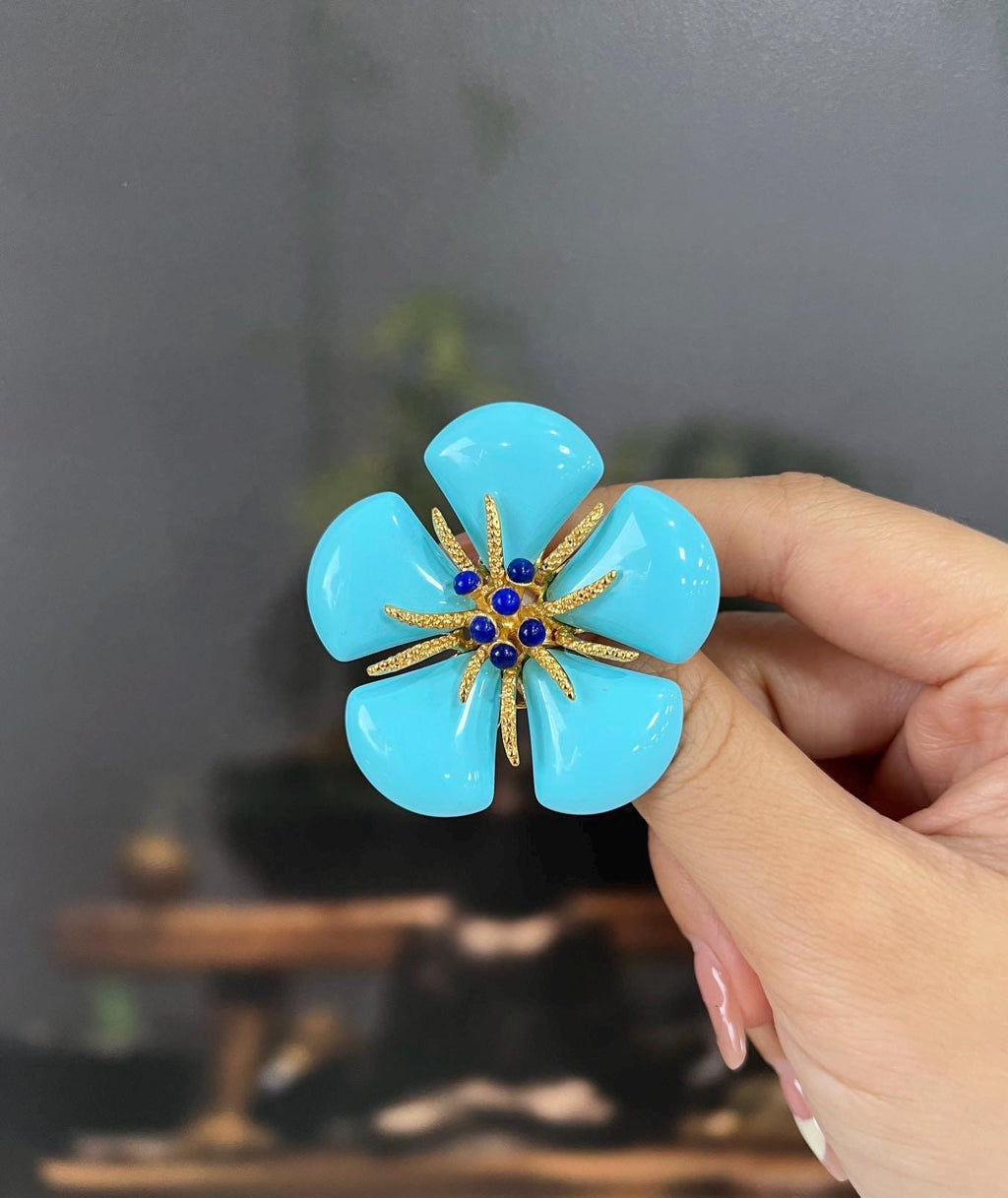 Morado Gold Plated Copper Turquoise Flower Brooch, Statement Blue Floral Pin