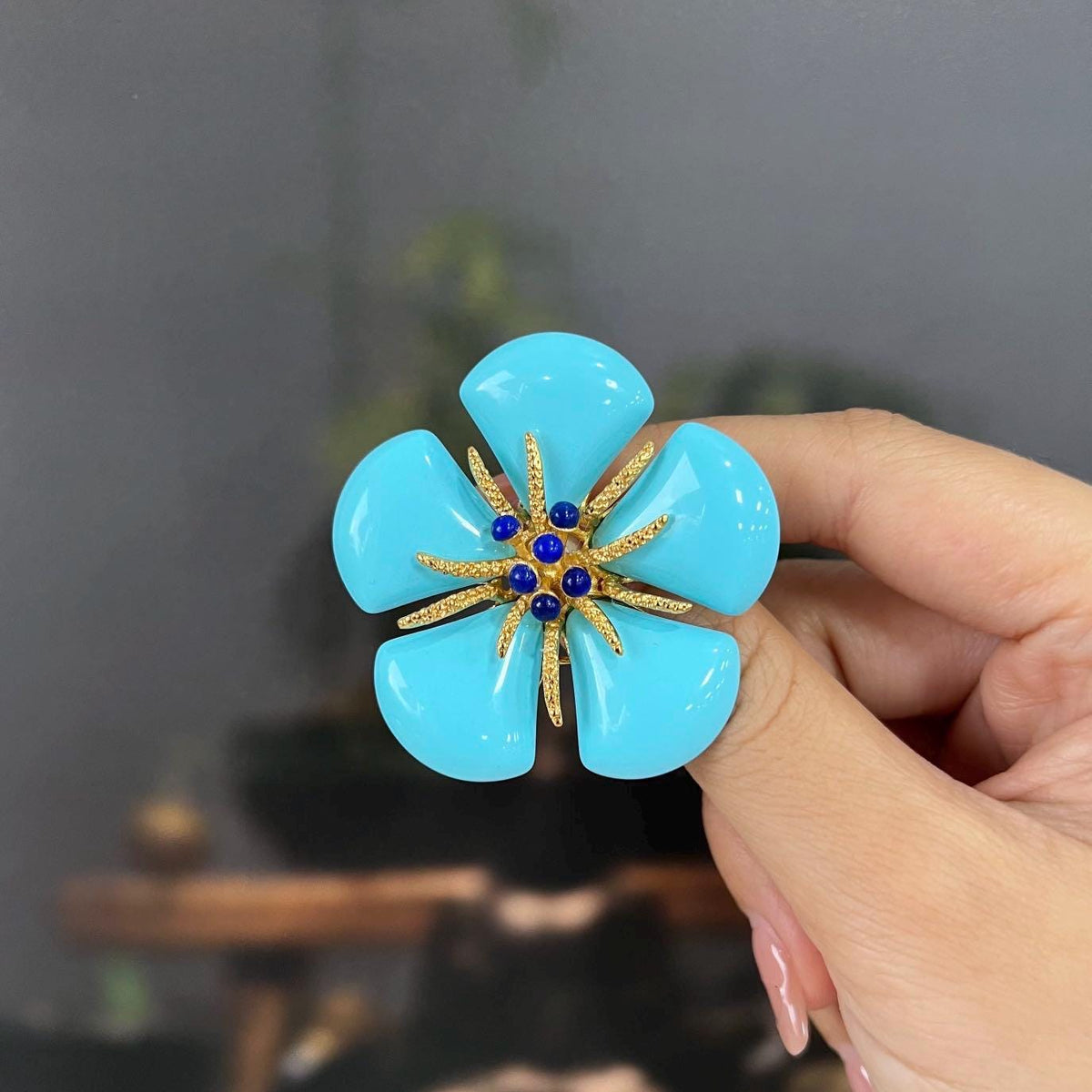 Morado Gold Plated Copper Turquoise Flower Brooch, Statement Blue Floral Pin