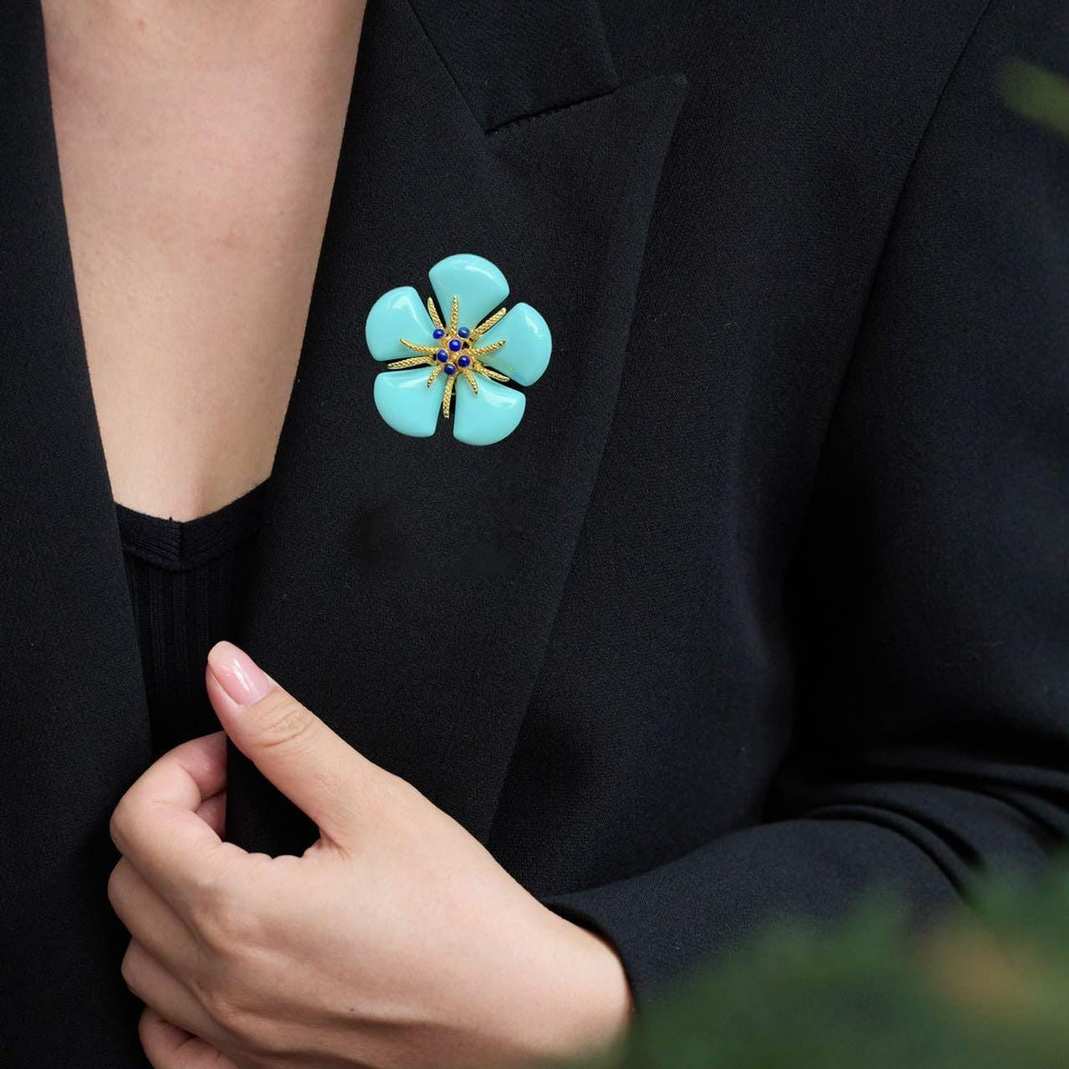 Morado Gold Plated Copper Turquoise Flower Brooch, Statement Blue Floral Pin