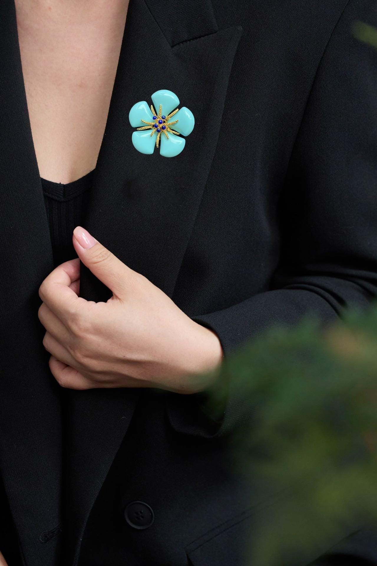 Morado Gold Plated Copper Turquoise Flower Brooch, Statement Blue Floral Pin