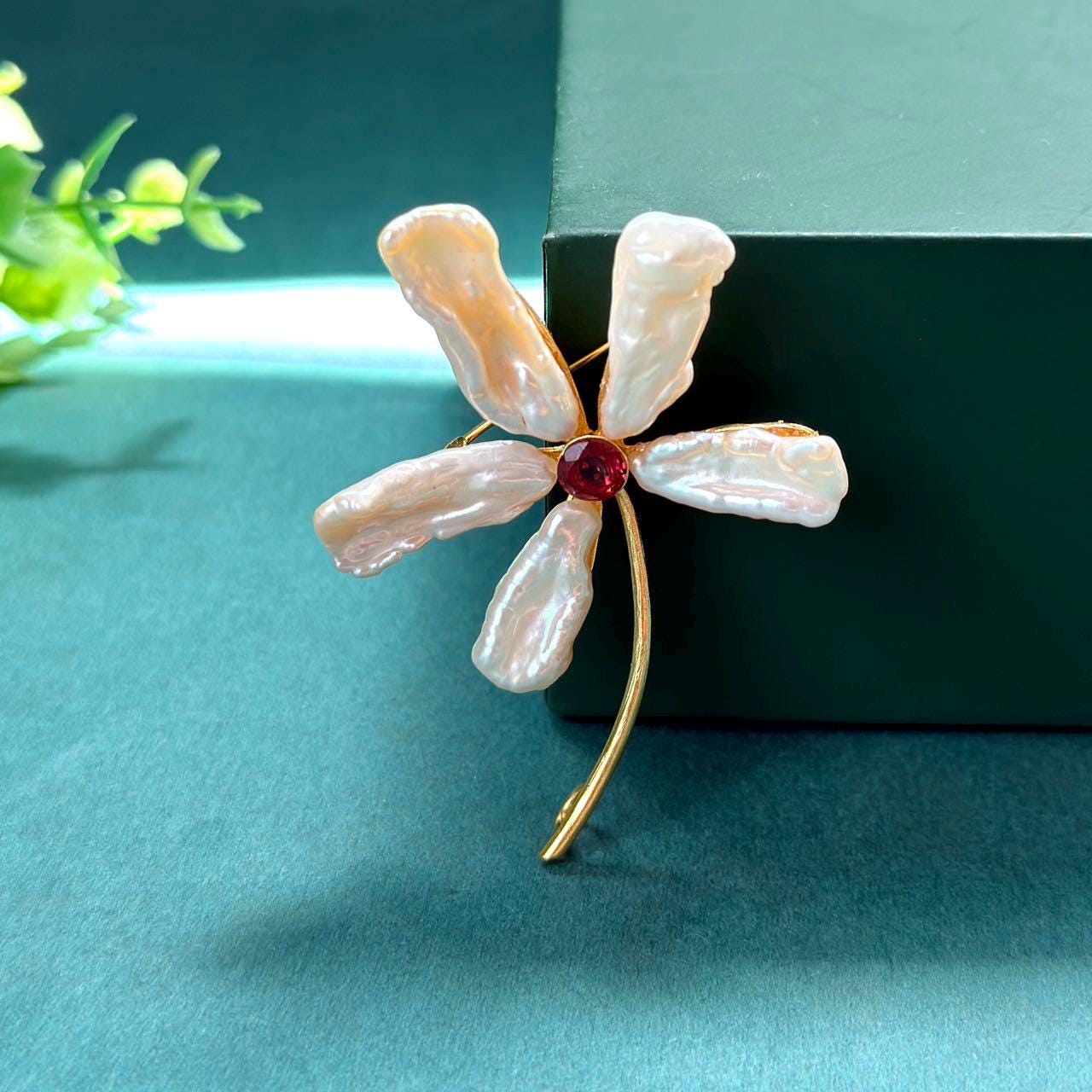 Morado Baroque Garnet Floral Brooch | Handmade Raw Gemstone & Copper Pin, Gold Plated Statement Flower