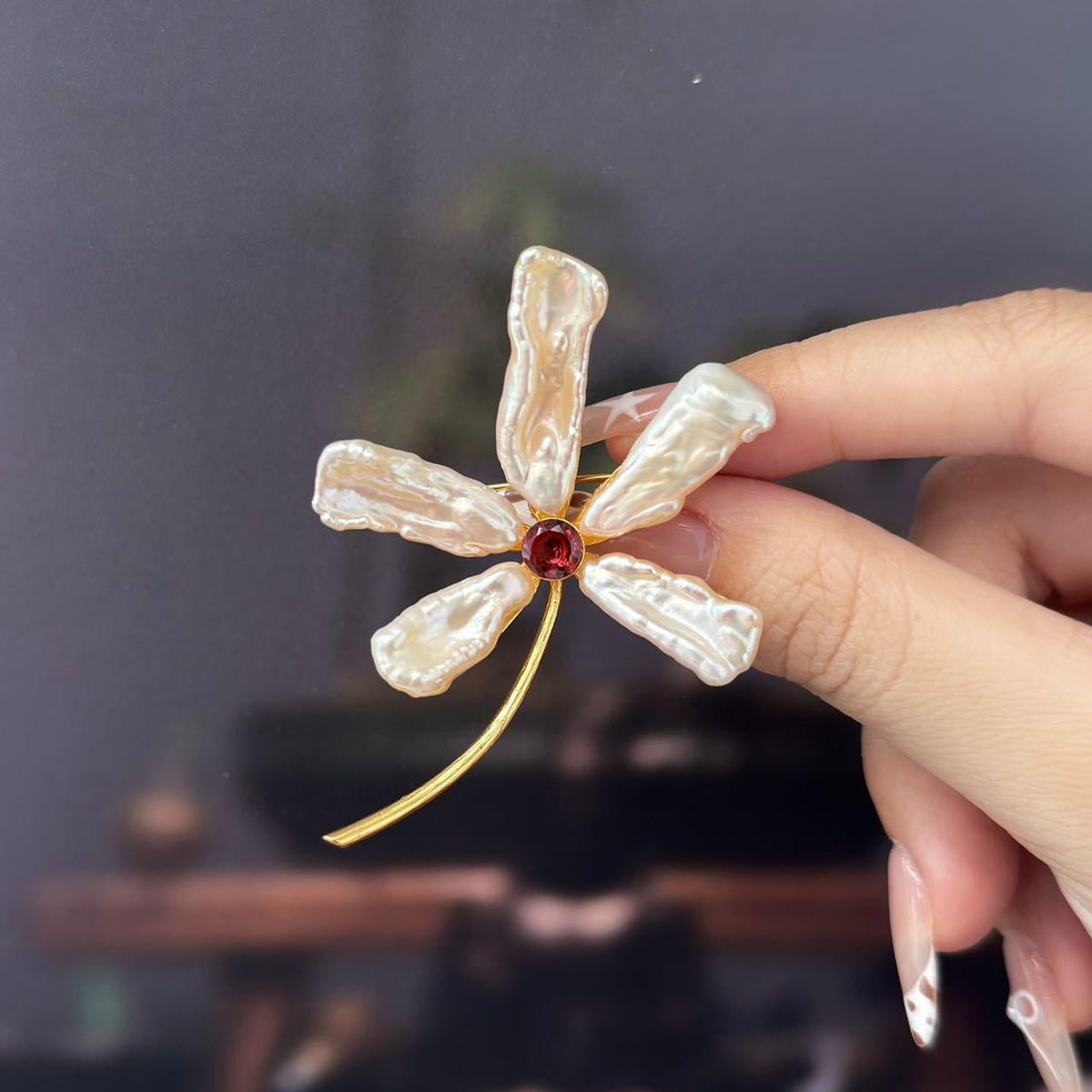 Morado Baroque Garnet Iris Floral Brooch, Handmade Gold Plated Copper Pin