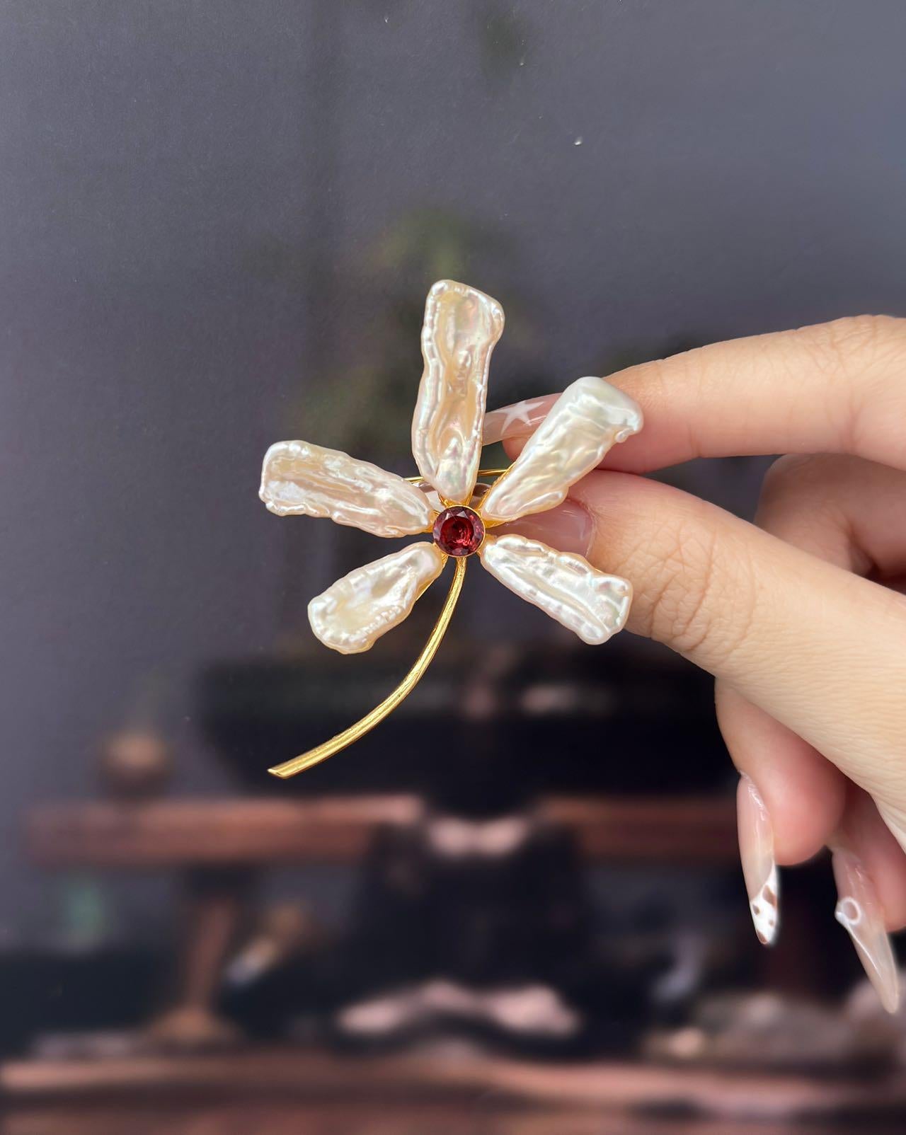 Morado Baroque Garnet Floral Brooch | Handmade Raw Gemstone & Copper Pin, Gold Plated Statement Flower