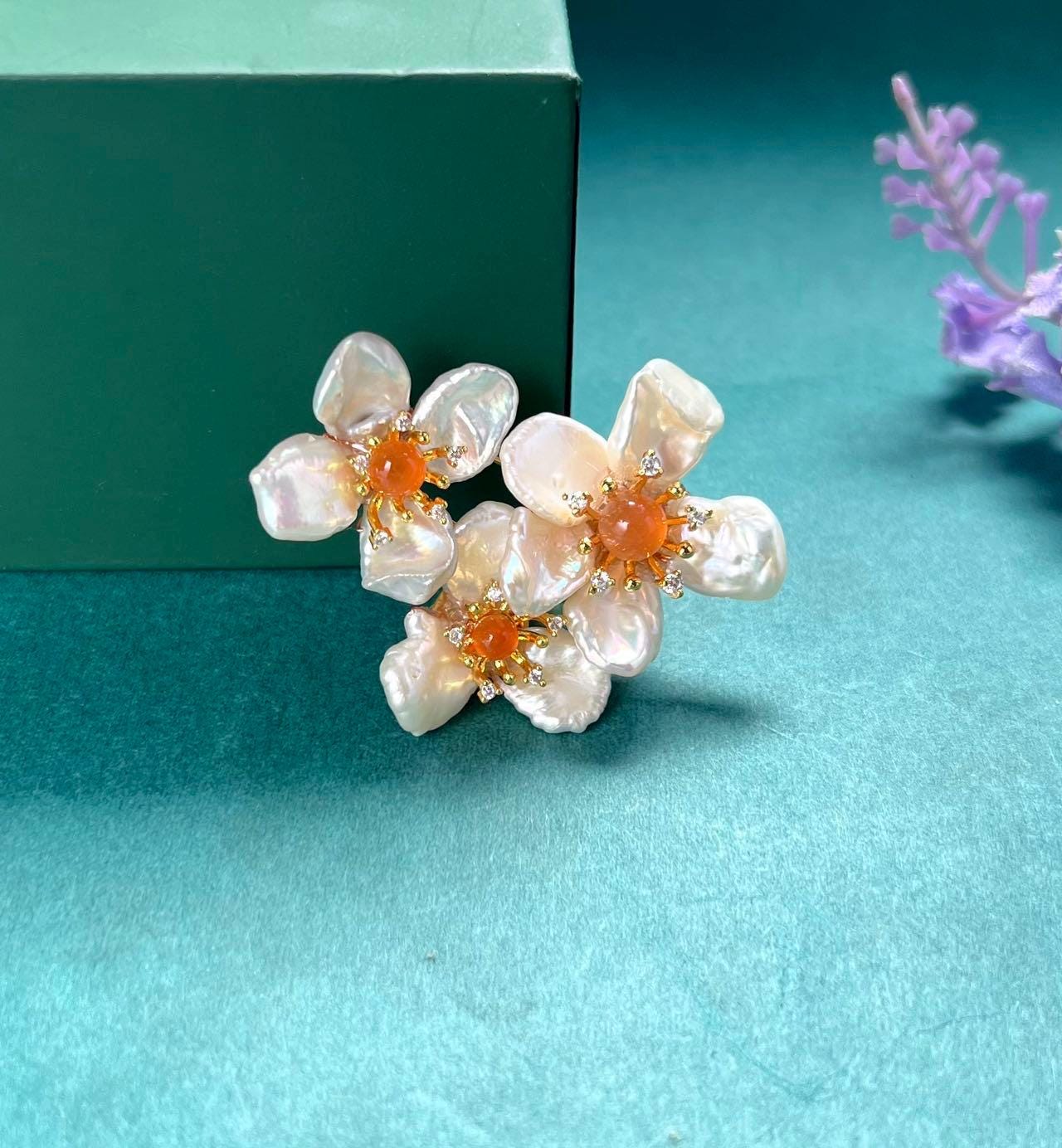 Morado Gold-Plated Baroque Pearl Floral Copper Brooch, Handmade Unique Pearl Flower Pin