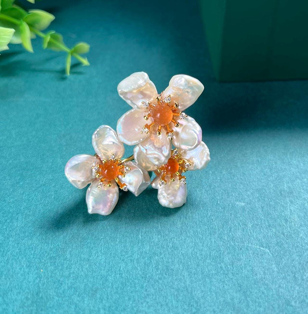 Morado Gold-Plated Baroque Pearl Floral Copper Brooch, Handmade Unique Pearl Flower Pin