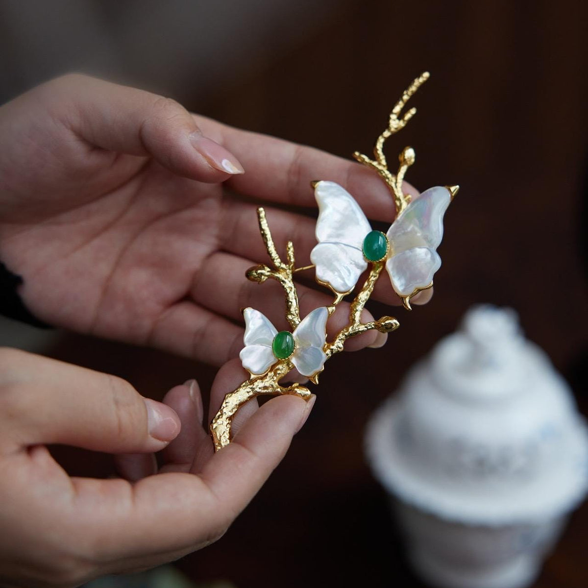 Morado Gold-Plated Butterfly Copper Brooch, Handmade Iridescent Mother-of-Pearl Pin