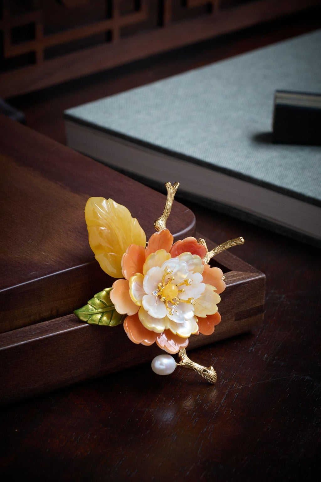 Morado Handmade Amber Shell Flower Brooch, Gold Plated Floral Pin, Multi-Wear Pin