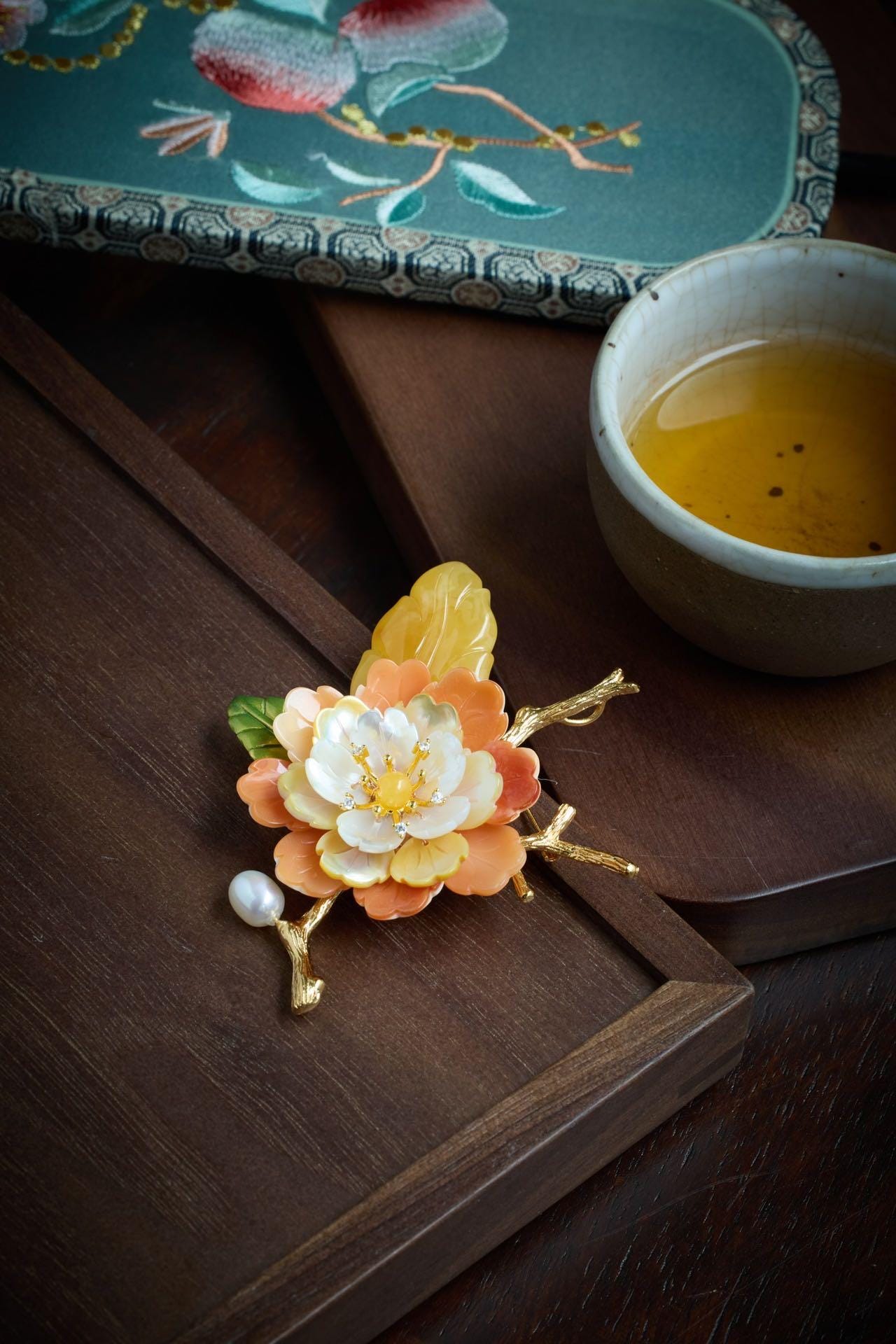 Morado Handmade Amber Shell Flower Brooch, Gold Plated Floral Pin, Multi-Wear Pin