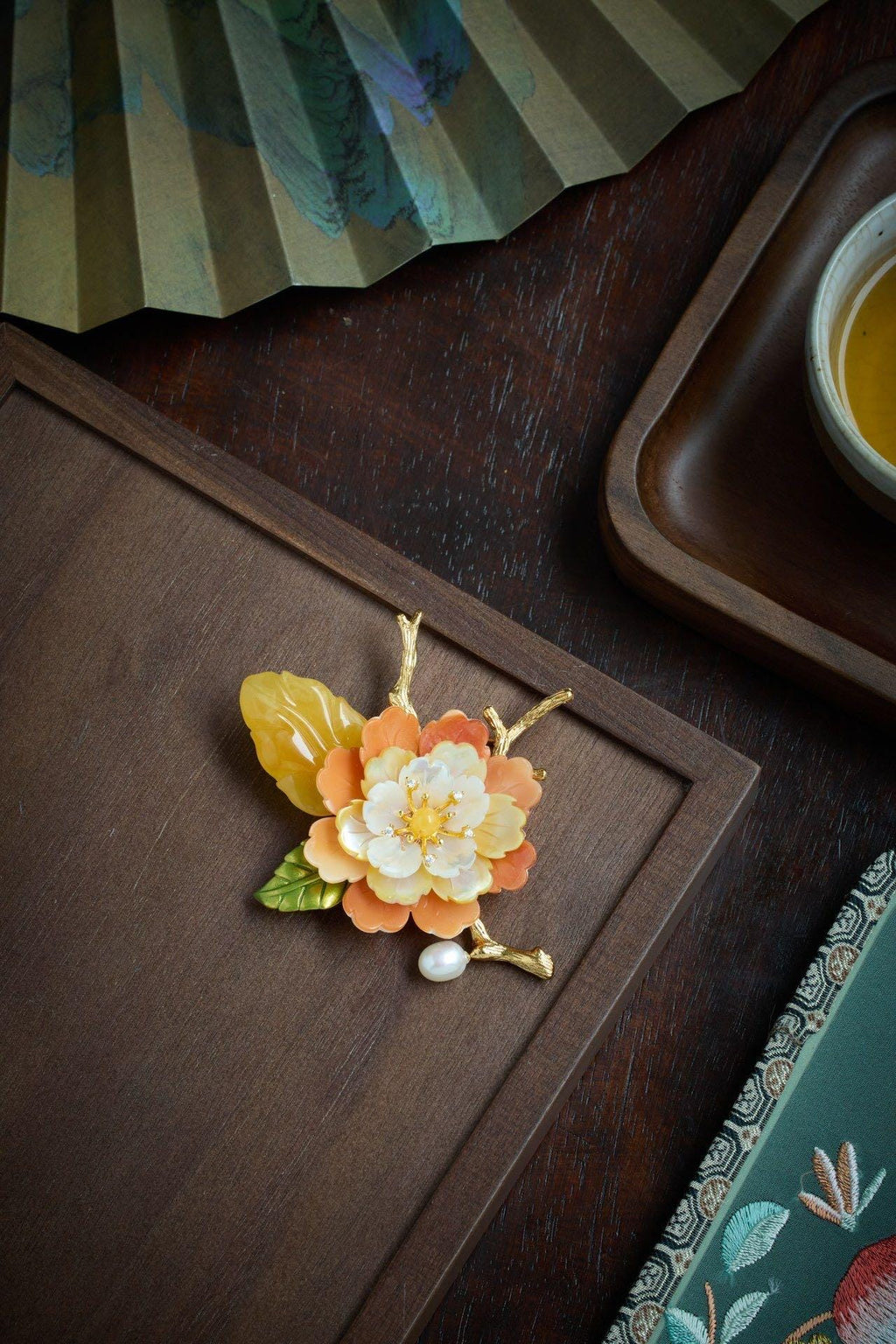 Morado Handmade Amber Shell Flower Brooch, Gold Plated Floral Pin, Multi-Wear Pin