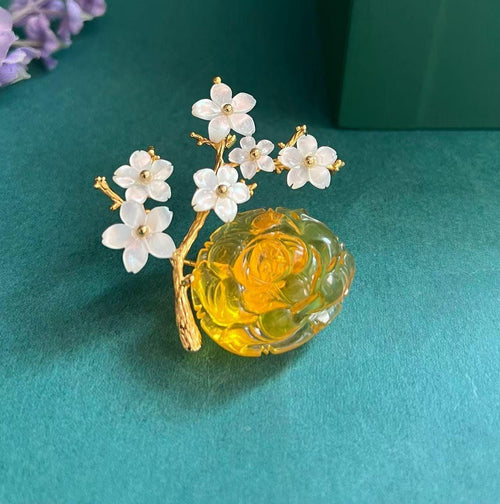 Morado Amber Rose Brooch with Mother of Pearl Blossoms, Handmade 925 Silver Jewelry