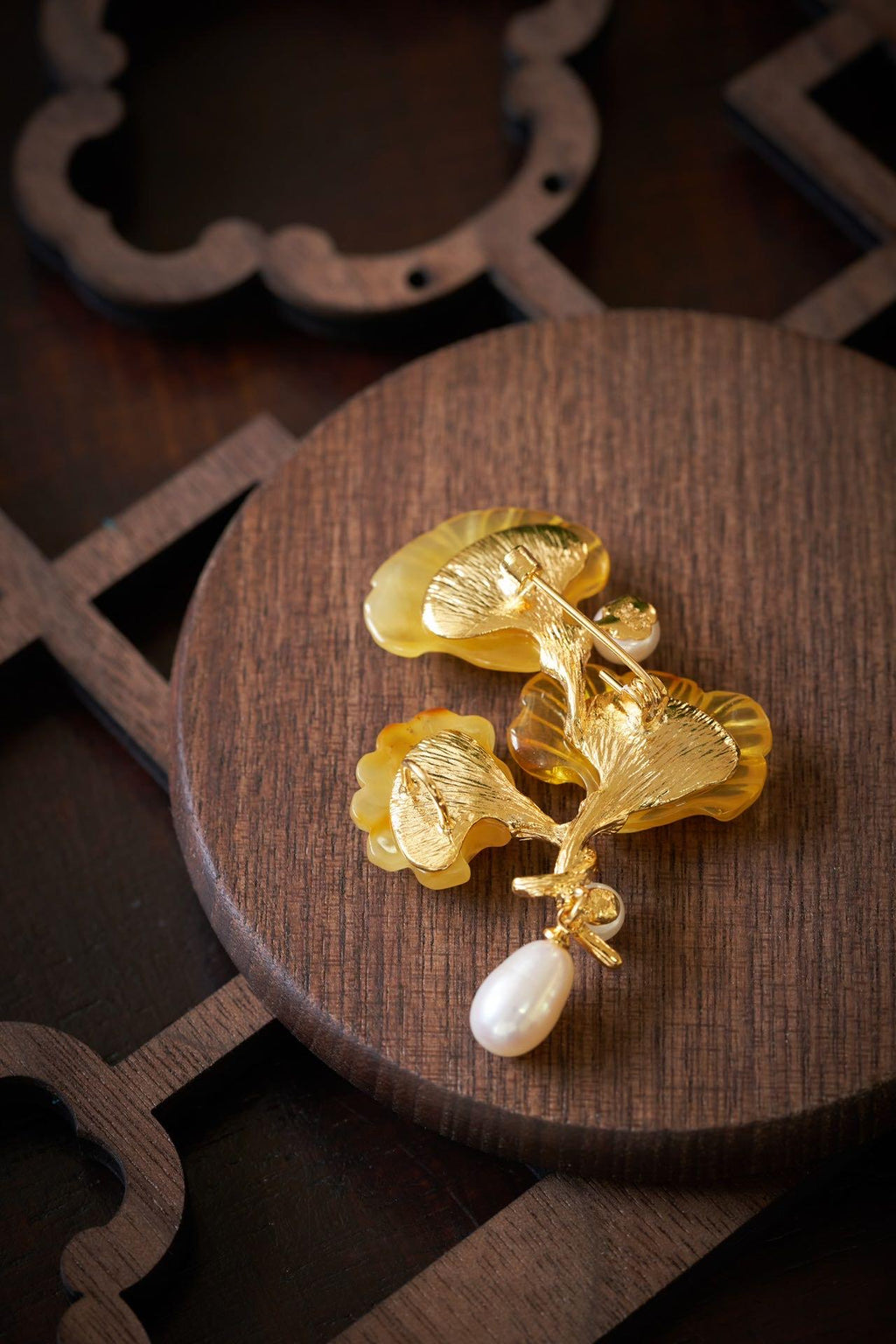 Morado Amber Ginkgo Leaf Gold Plated Silver Brooch, Multi-Wear Pin