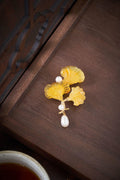 Morado Amber Ginkgo Leaf Gold Plated Silver Brooch, Multi-Wear Pin