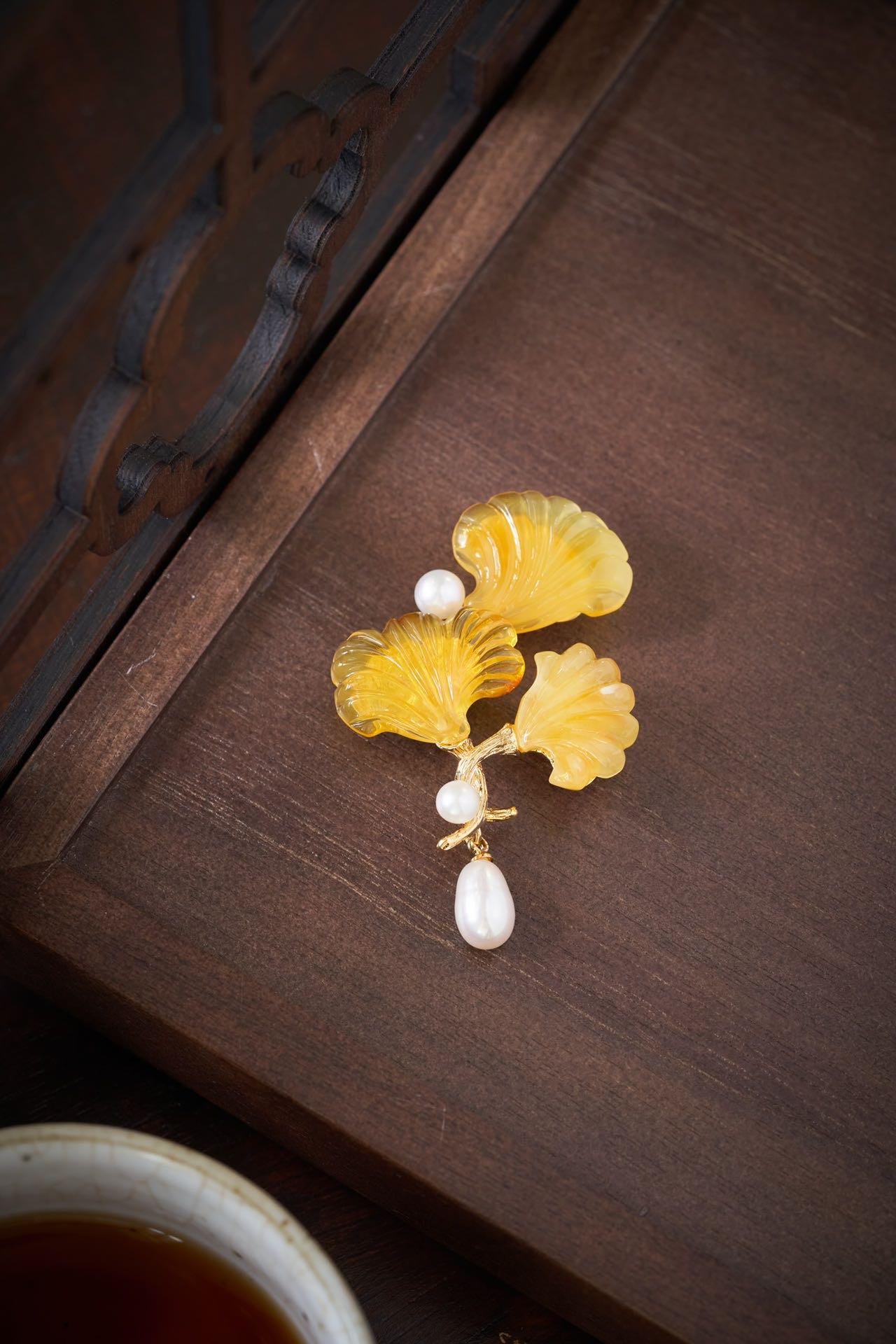 Morado Amber Ginkgo Leaf Gold Plated Silver Brooch, Multi-Wear Pin
