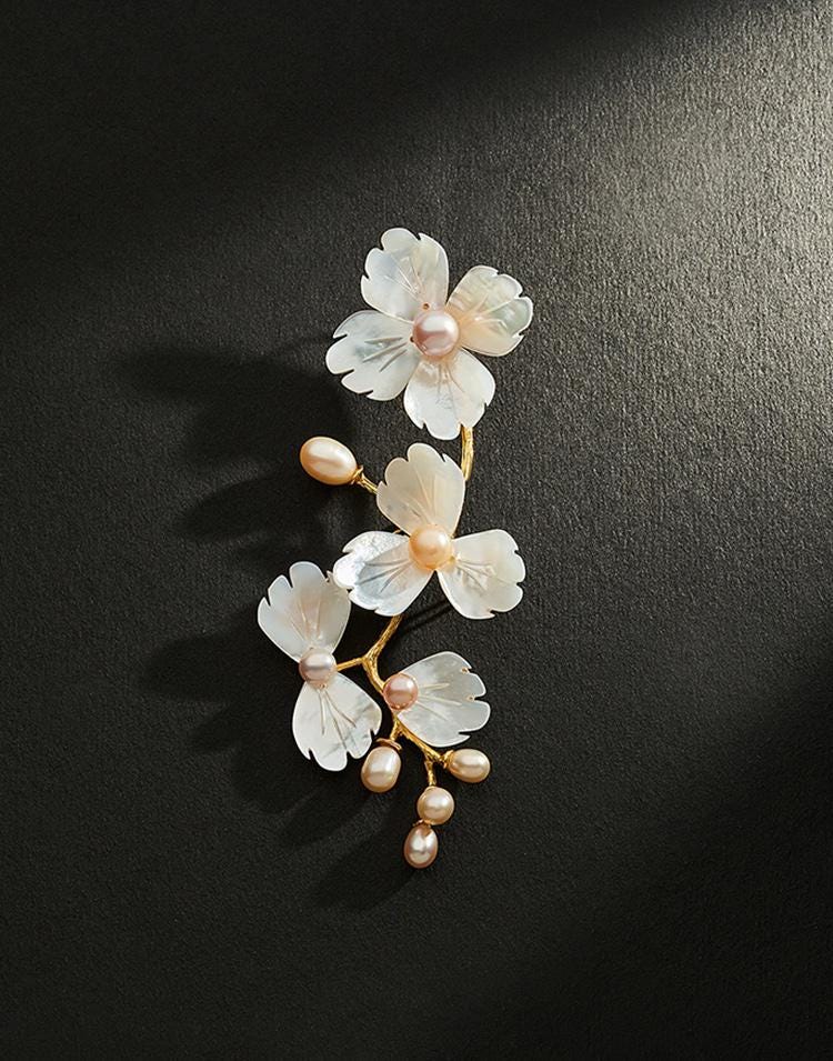 Morado Mother of Pearl Gold-Plated Copper Brooch, Handmade Snowflake Floral Design, Multi-Wear Pin