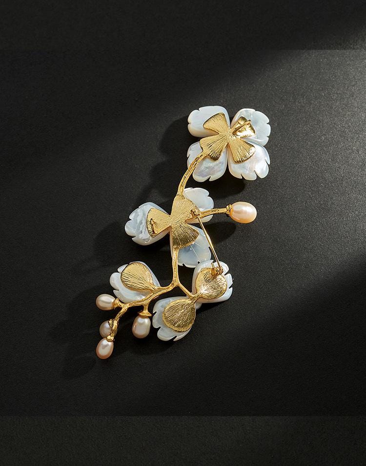 Morado Mother of Pearl Gold-Plated Copper Brooch, Handmade Snowflake Floral Design, Multi-Wear Pin